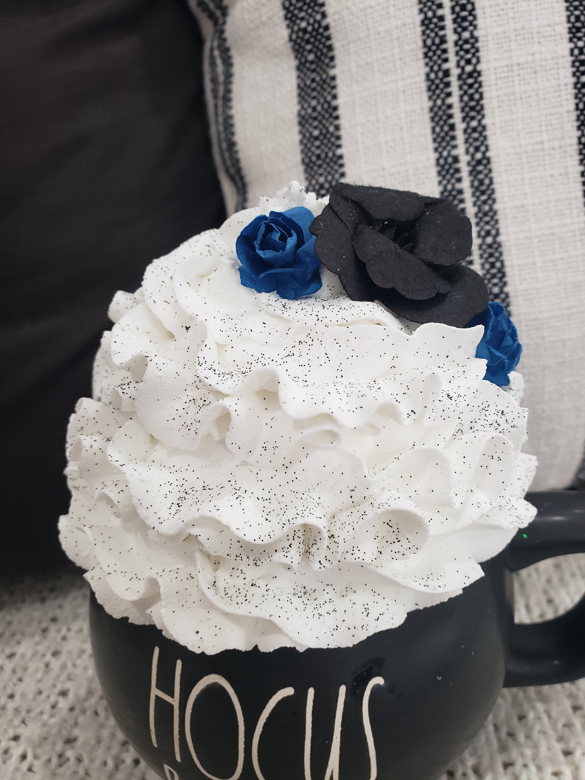 Rae Dunn &quot;Hocus Pocus&quot; Black Cauldron Mug &amp; Pip Posh Design Faux Sweet Décor Black and Blue Flowers White Whipped Topper