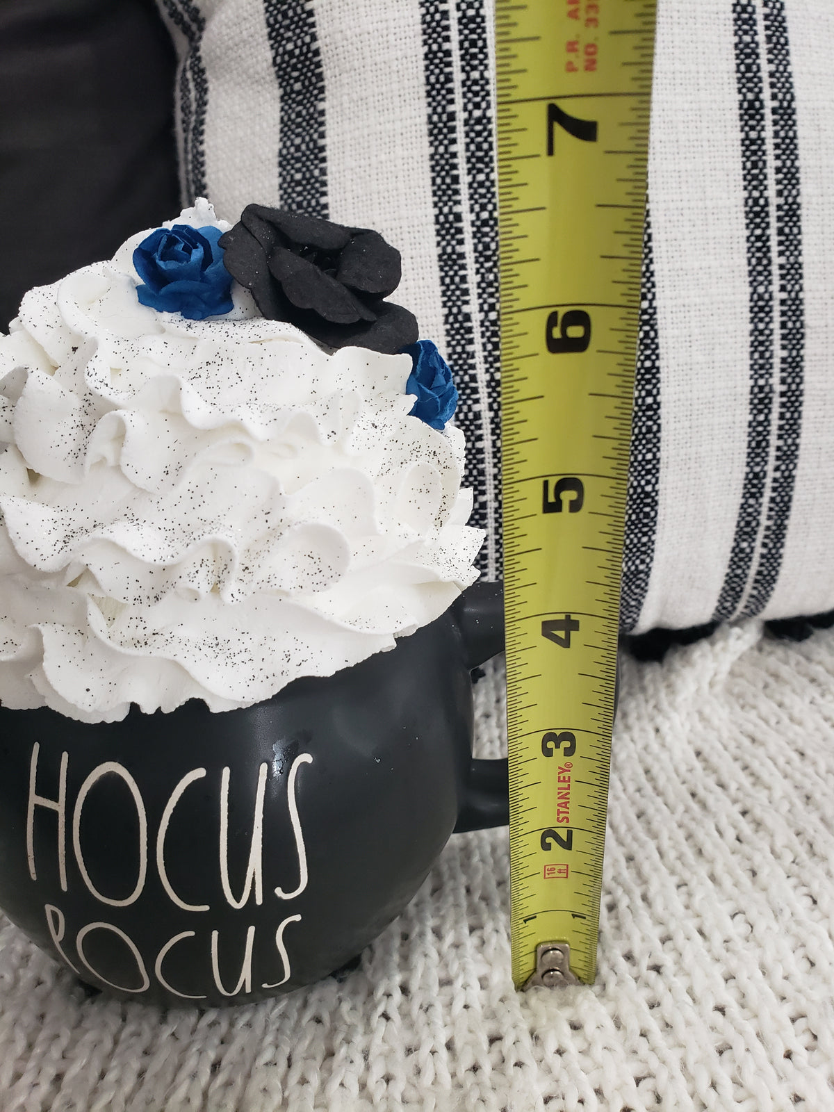 Rae Dunn &quot;Hocus Pocus&quot; Black Cauldron Mug &amp; Pip Posh Design Faux Sweet Décor Black and Blue Flowers White Whipped Topper