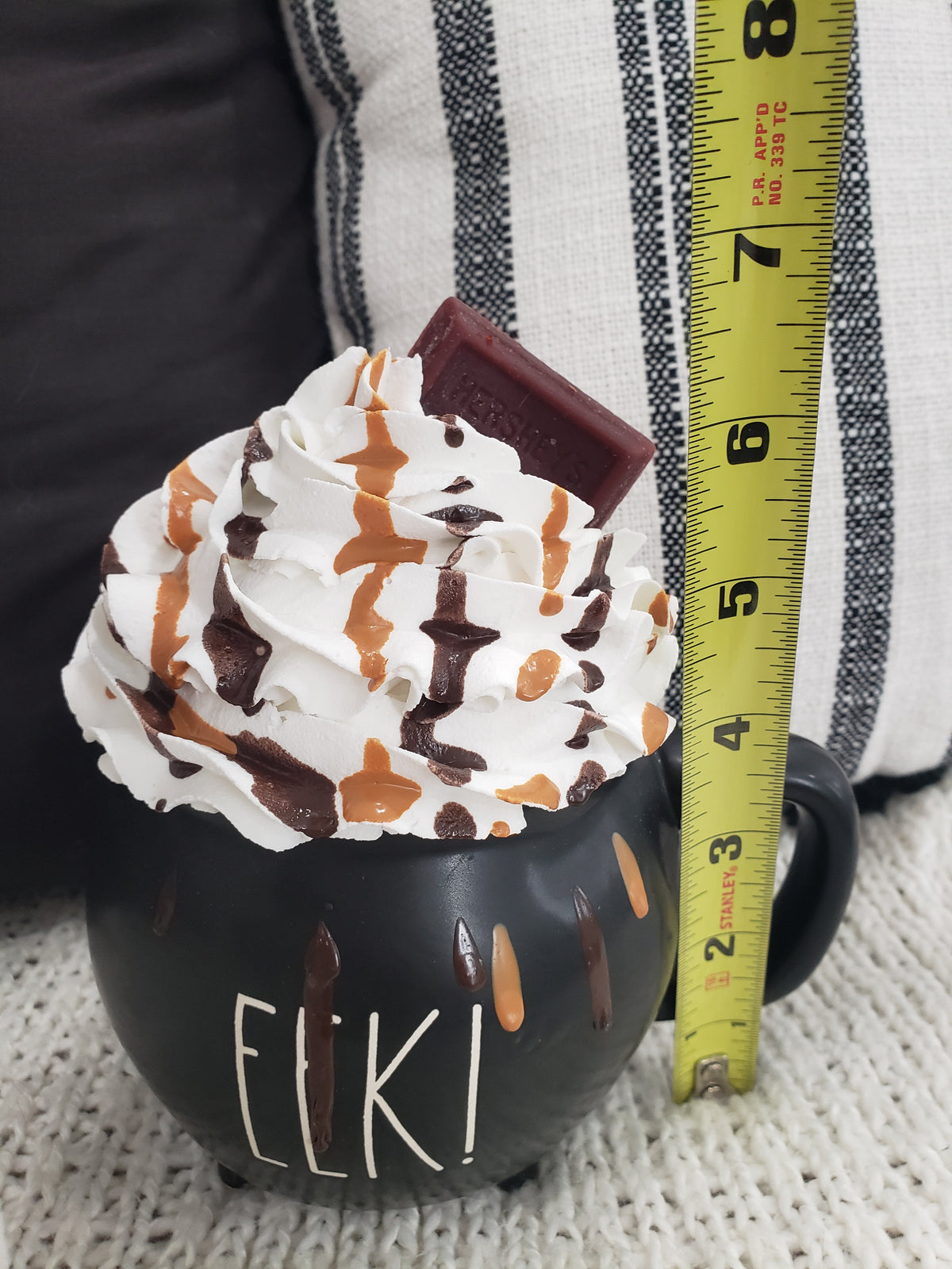 Rae Dunn &quot;EEK!&quot; Black Cauldron Mug &amp; Pip Posh Design Faux Sweet Décor Carmel Chocolate Drizzle White Whipped Topper