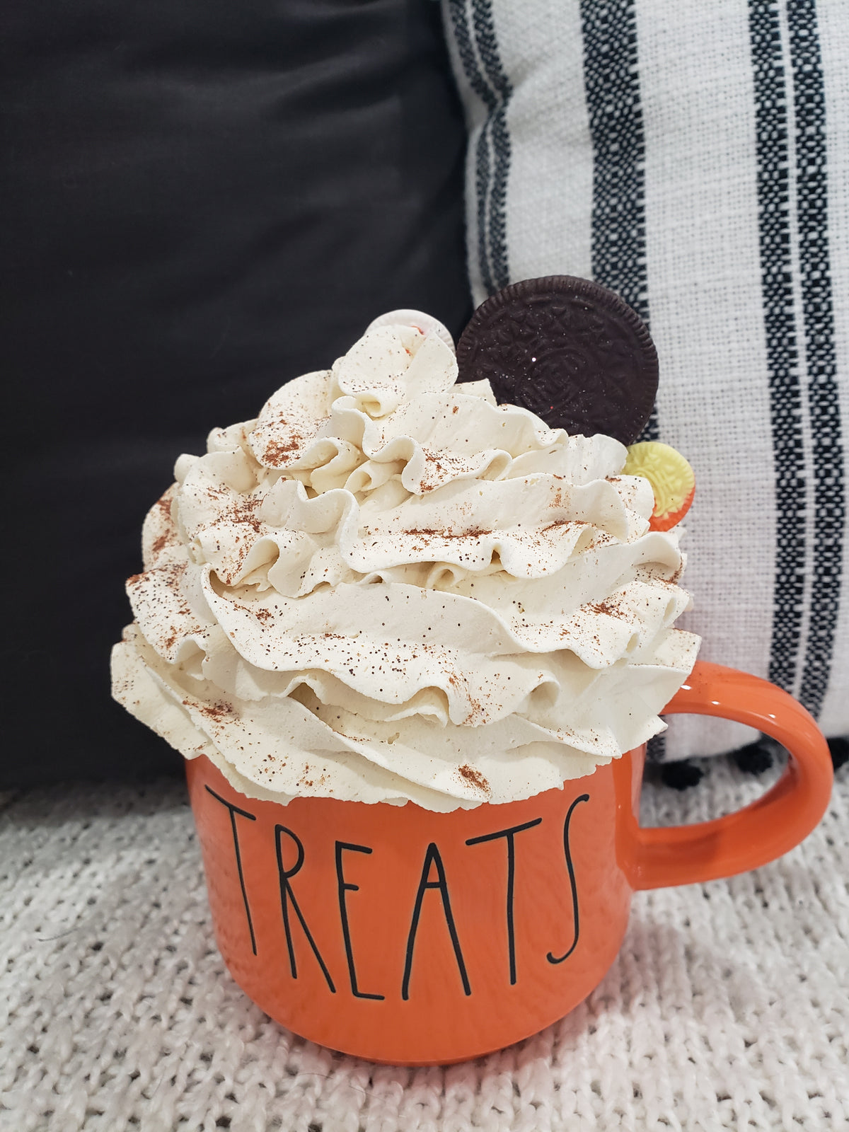 Rae Dunn &quot;Treats&quot; Pumpkin Orange Double Sided Mug &amp; Pip Posh Design Ivory Cookie Whipped Topper