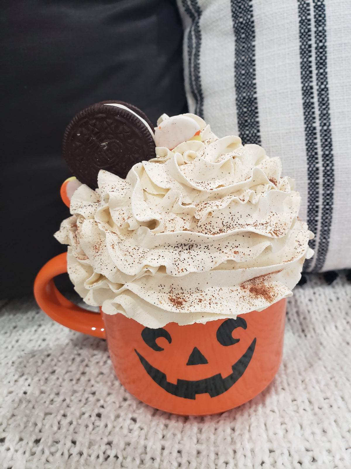 Rae Dunn &quot;Treats&quot; Pumpkin Orange Double Sided Mug &amp; Pip Posh Design Ivory Cookie Whipped Topper