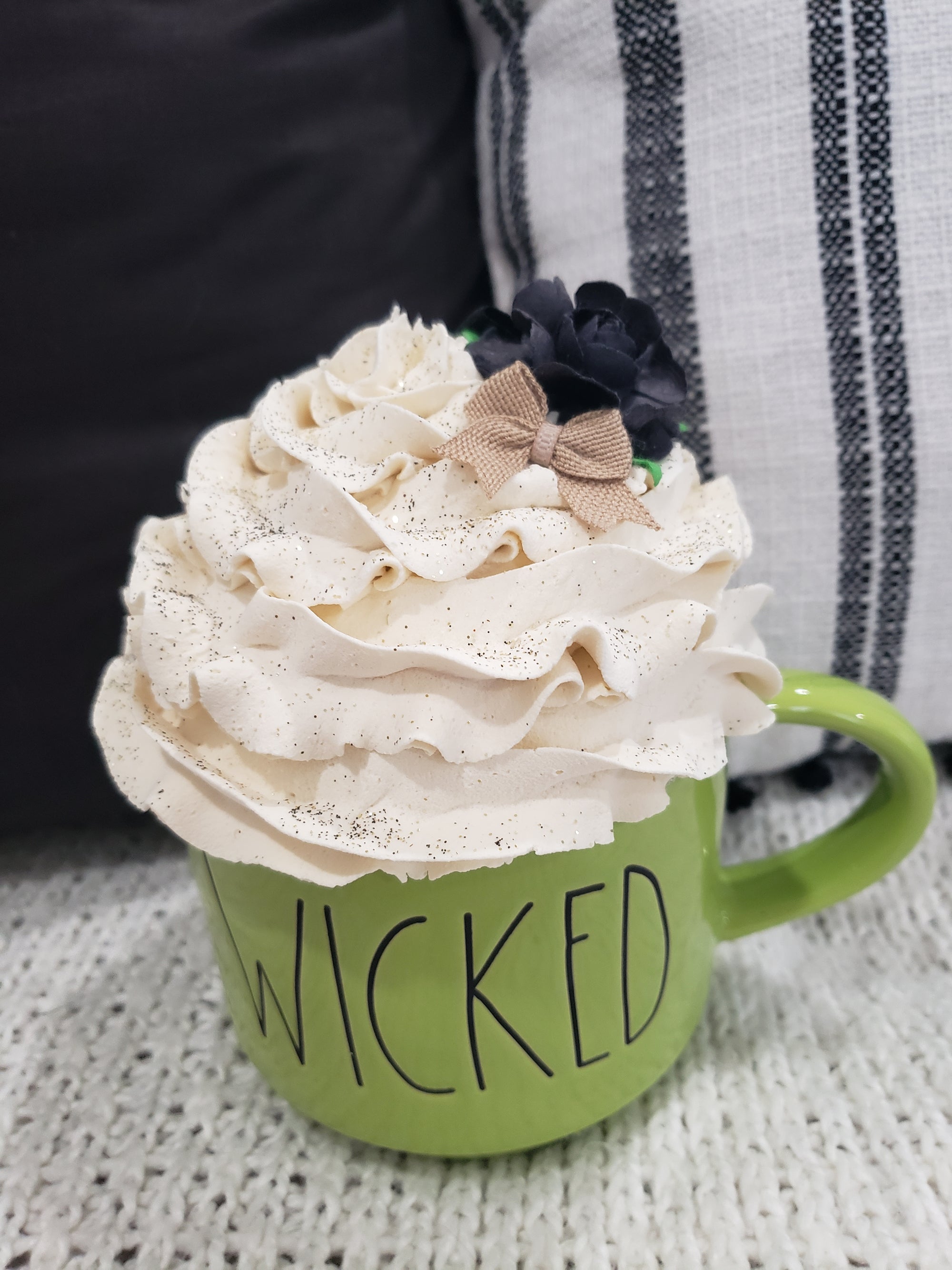 Rae Dunn "Wicked" Green Double Sided Mug & Pip Posh Design Faux Sweet Décor Ivory Whipped Topper