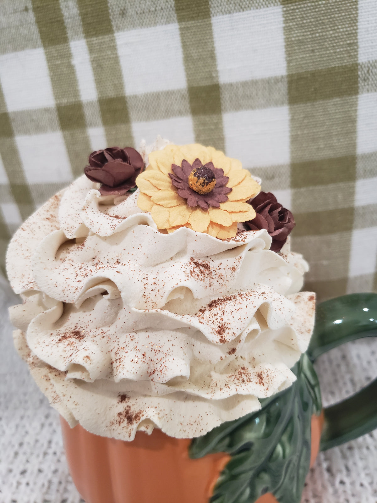 Pip Posh Design Faux Sweet Décor Orange Pumpkin Harvest Mug &amp; Ivory Sunflower Whipped Topper