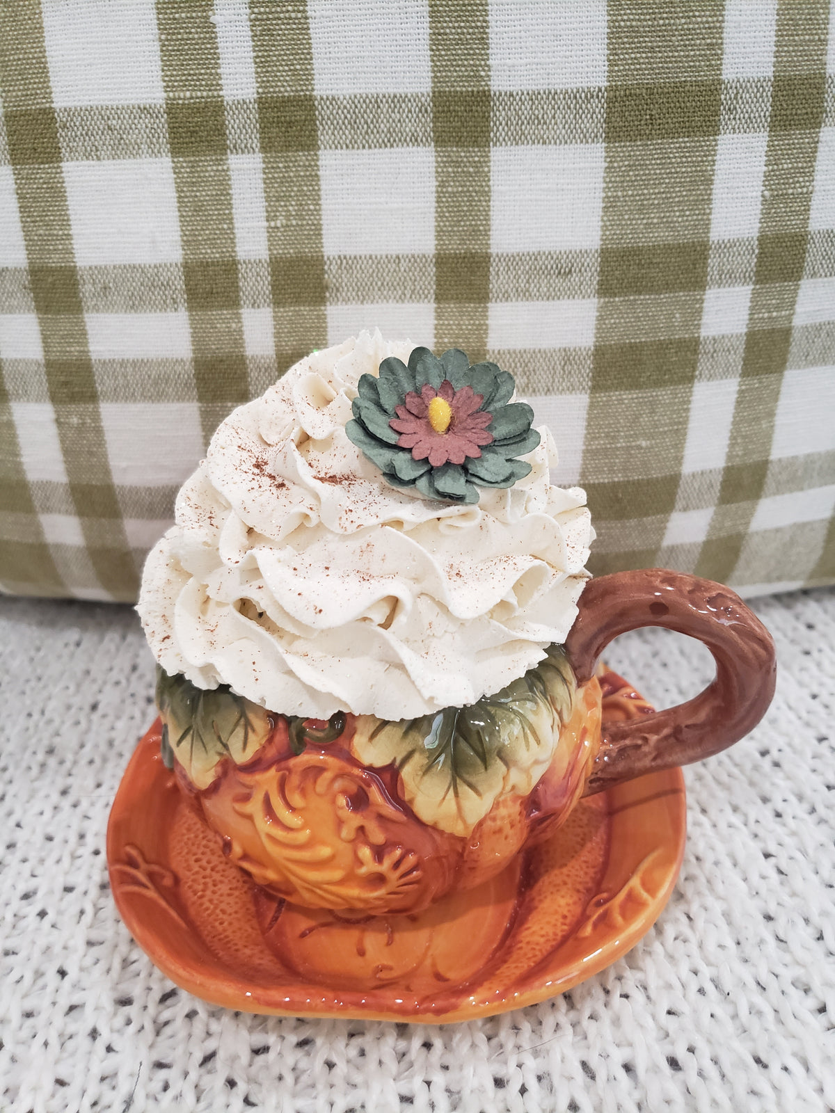 Pip Posh Design Faux Sweet Décor Harvest Pumpkin Tea Cup &amp; Ivory Fall Whipped Topper