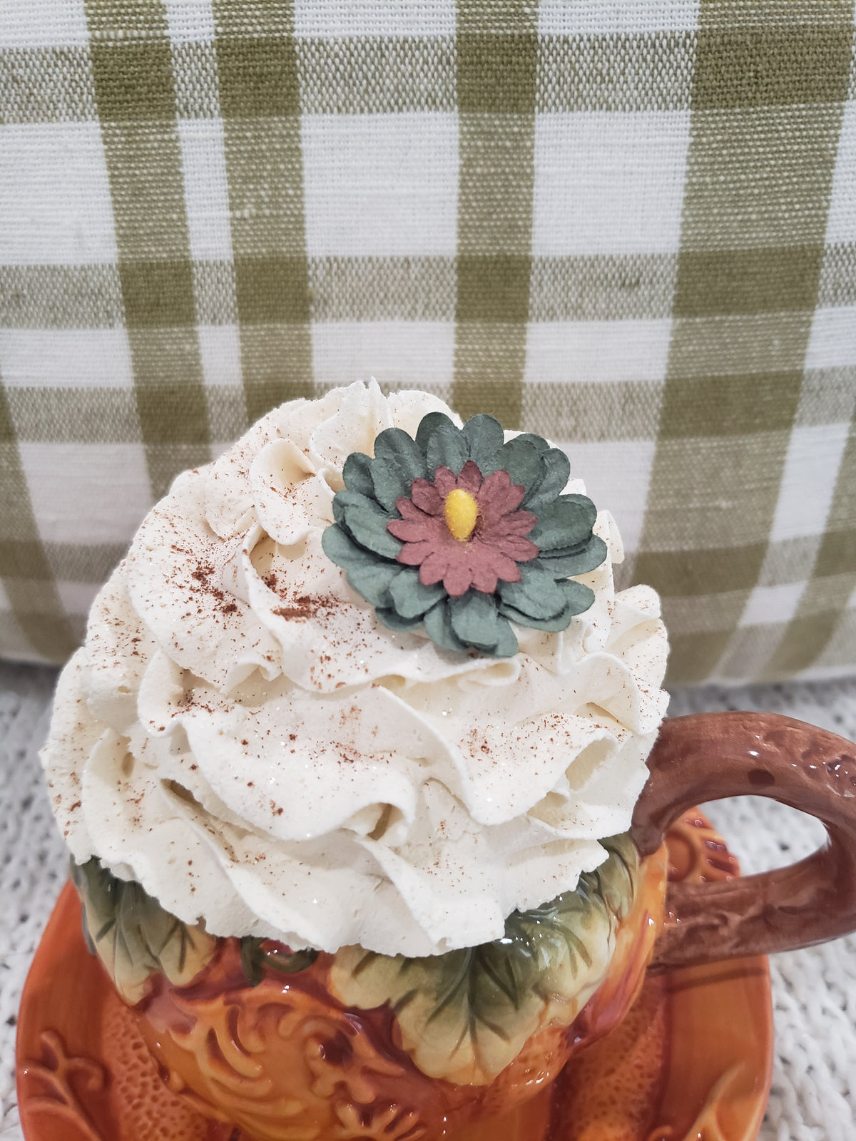 Pip Posh Design Faux Sweet Décor Harvest Pumpkin Tea Cup &amp; Ivory Fall Whipped Topper