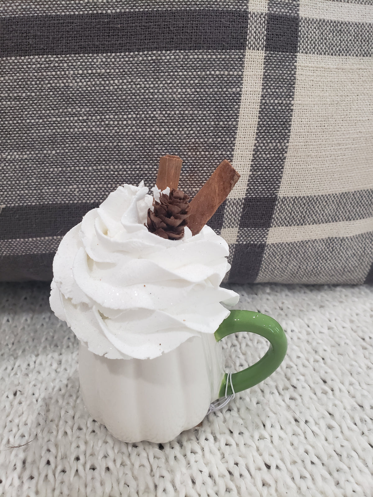 Pip Posh Design Faux Sweet Décor Mini White Pumpkin Mug &amp; Ivory Cinnamon Stick Whipped Topper