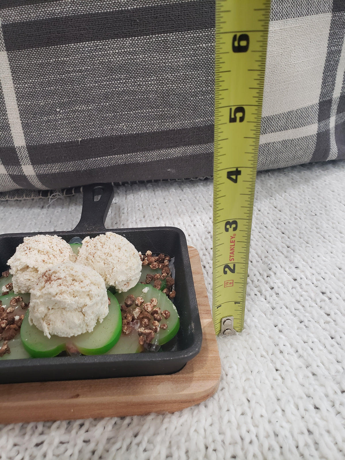 Pip Posh Design Faux Sweet Décor Mini Green Apple Crumble Ice Cream Skillet Dessert On A Wooden Trivet