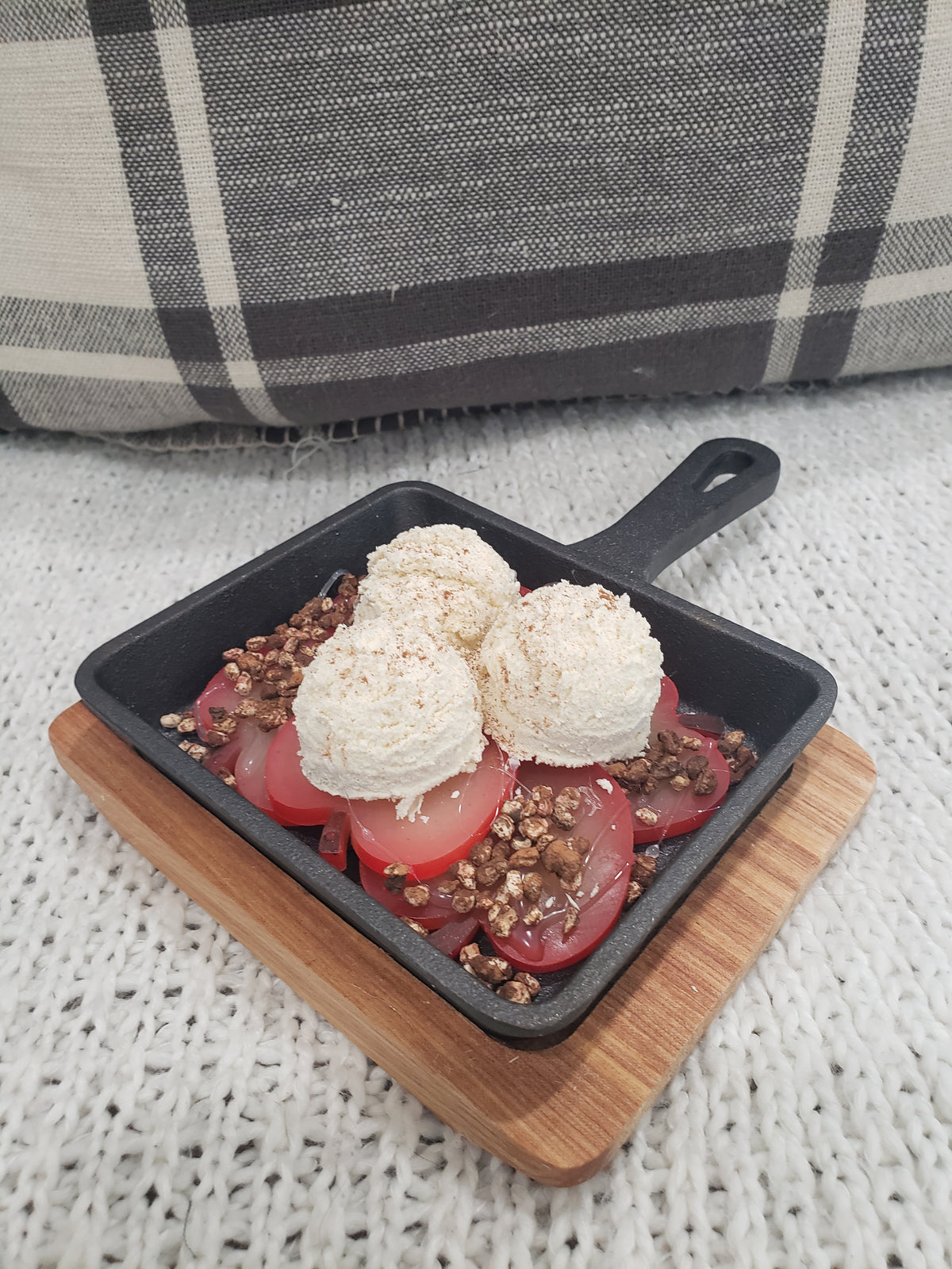 Pip Posh Design Faux Sweet Décor Mini Red Apple Crumble Ice Cream Skillet Dessert On A Wooden Trivet