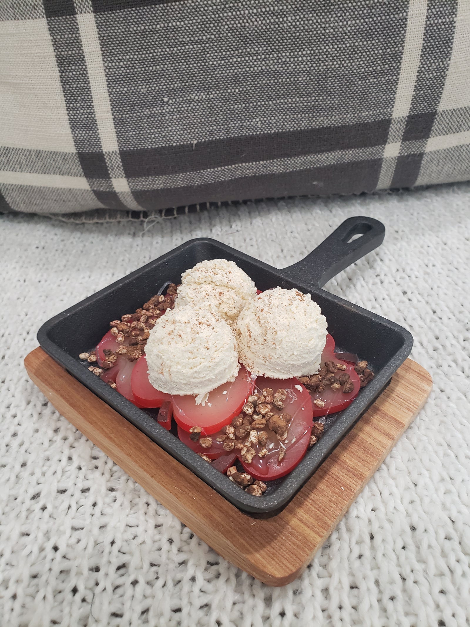 Pip Posh Design Faux Sweet Décor Mini Red Apple Crumble Ice Cream Skillet Dessert On A Wooden Trivet