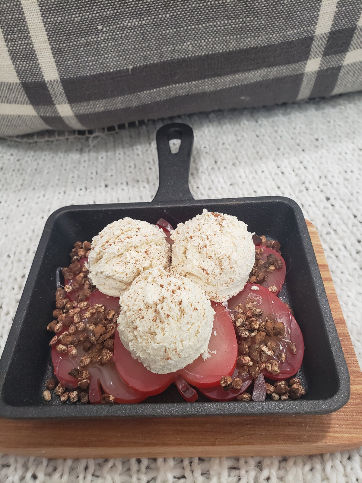 Pip Posh Design Faux Sweet Décor Mini Red Apple Crumble Ice Cream Skillet Dessert On A Wooden Trivet