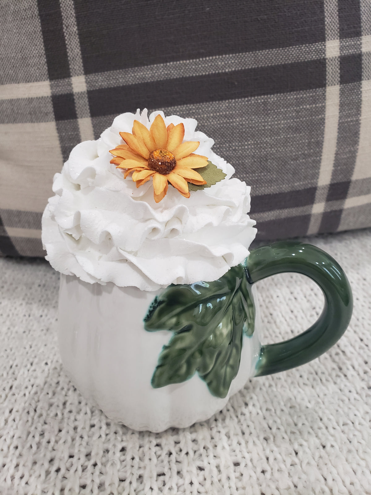 Pip Posh Design Faux Sweet Décor White Pumpkin Mug &amp; Whipped Sunflower Topper