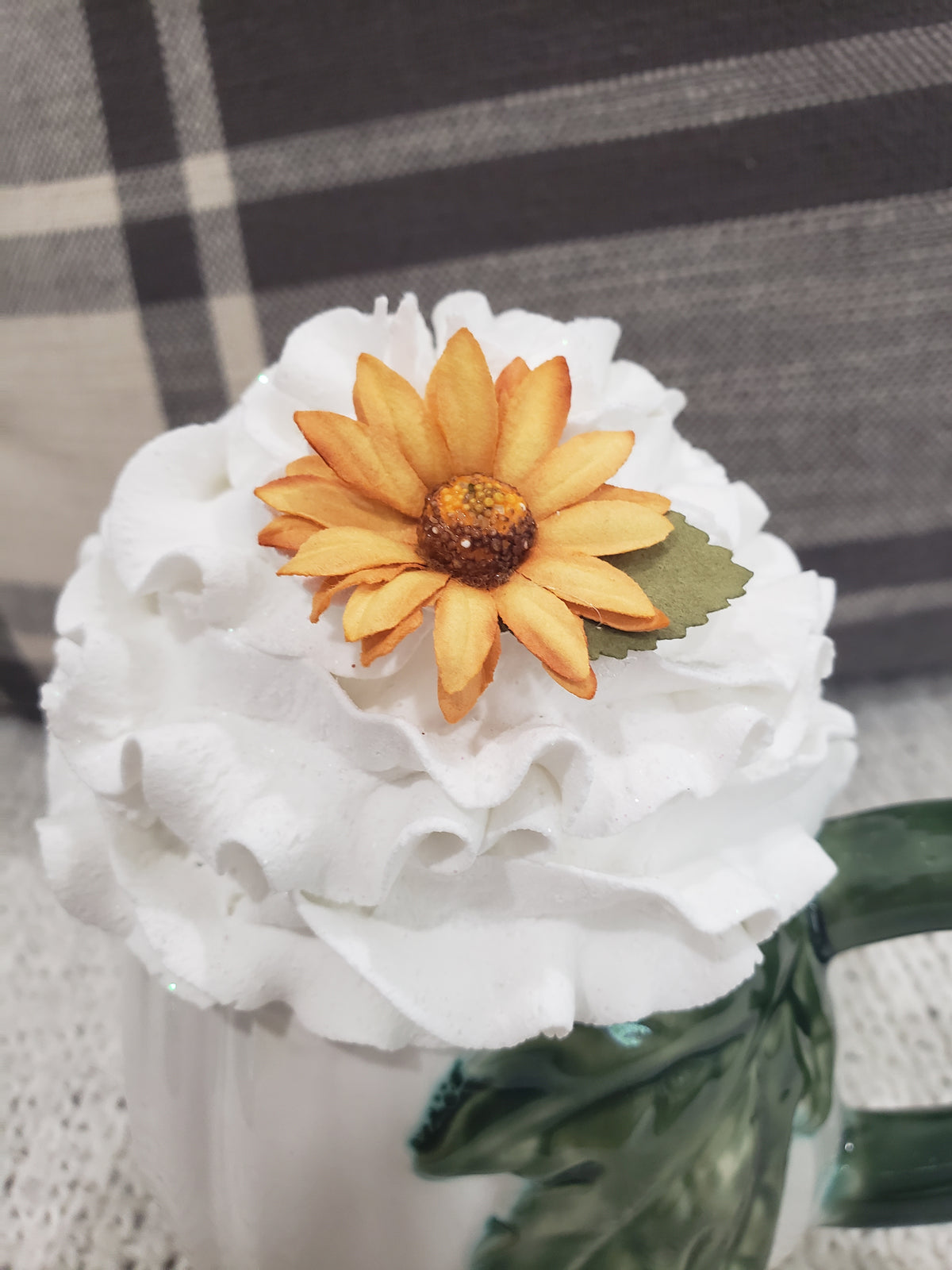 Pip Posh Design Faux Sweet Décor White Pumpkin Mug &amp; Whipped Sunflower Topper