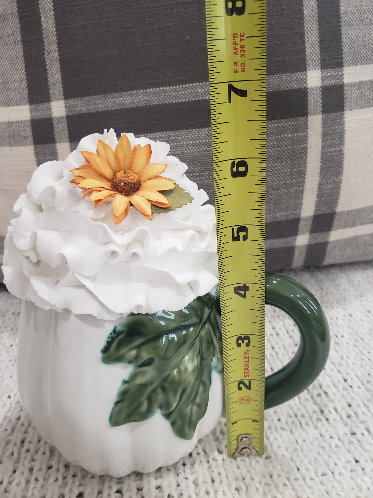 Pip Posh Design Faux Sweet Décor White Pumpkin Mug &amp; Whipped Sunflower Topper