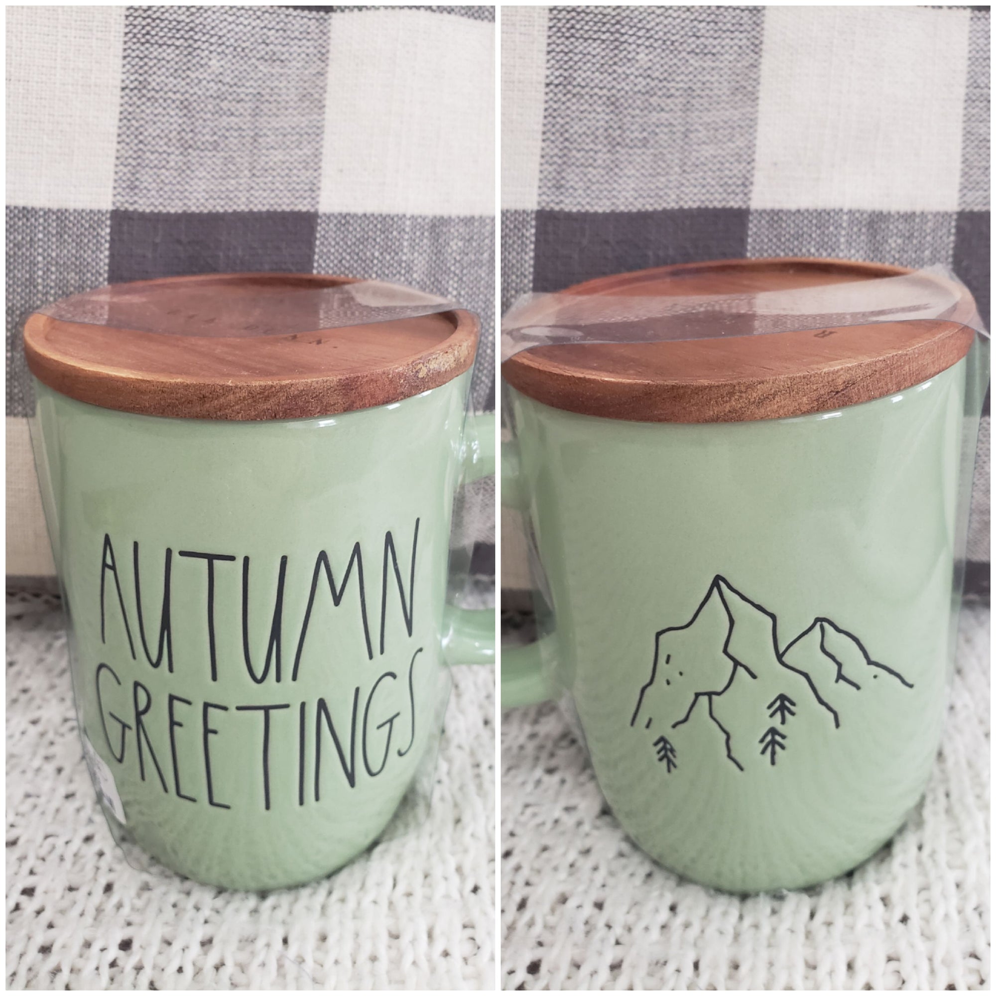 Rae Dunn " Autumn Greetings" Double Sided Mug With Mountains & Wooden Lid Warmer