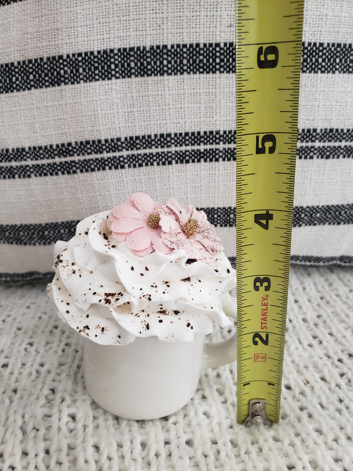Pip Posh Design Faux Sweet Décor Mini White Mug &amp; White Whipped Pink Flower Topper