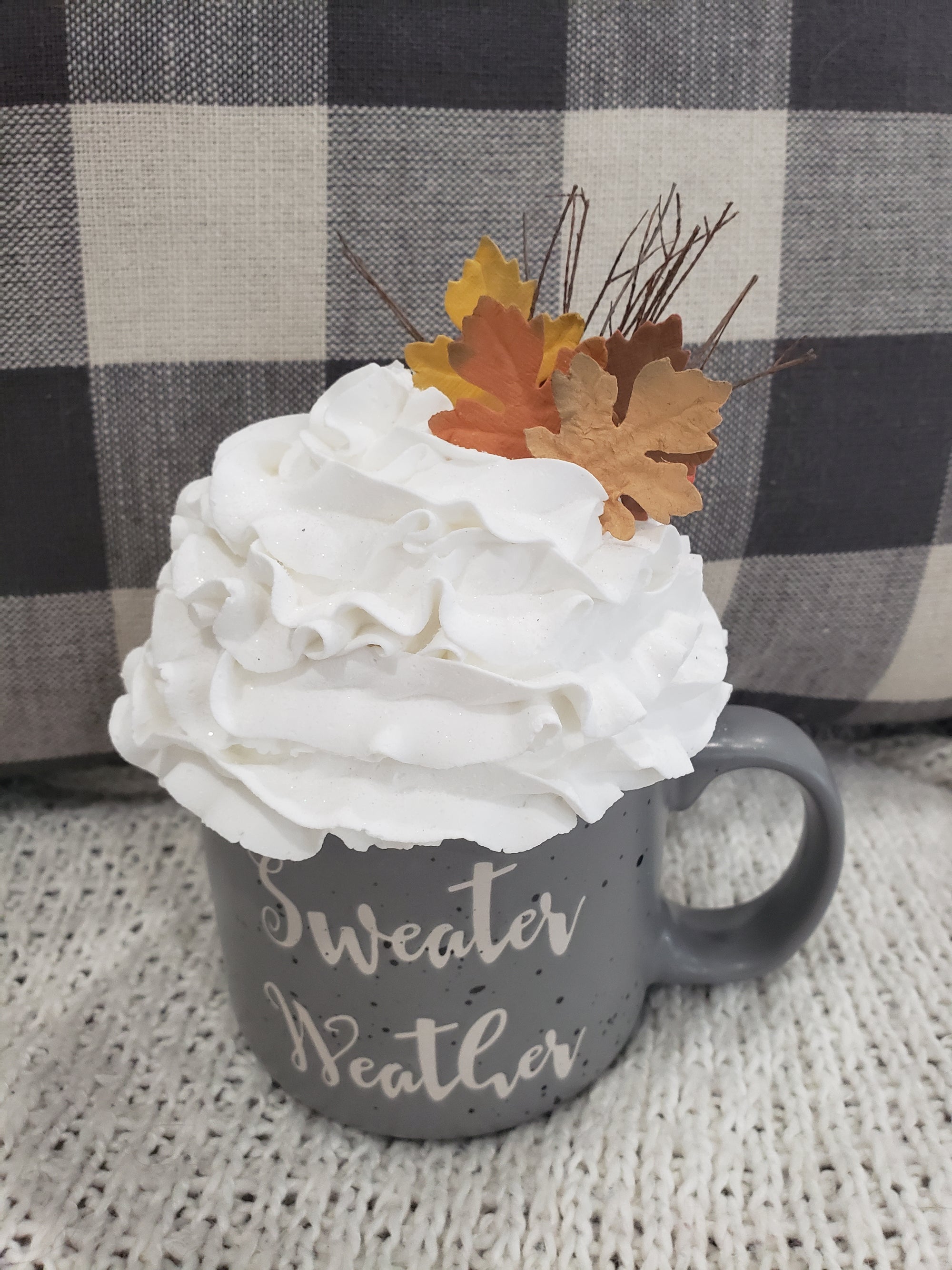 Pip Posh Design Faux Sweet Décor "Sweater Weather" Gray Mug & White Whipped Topper