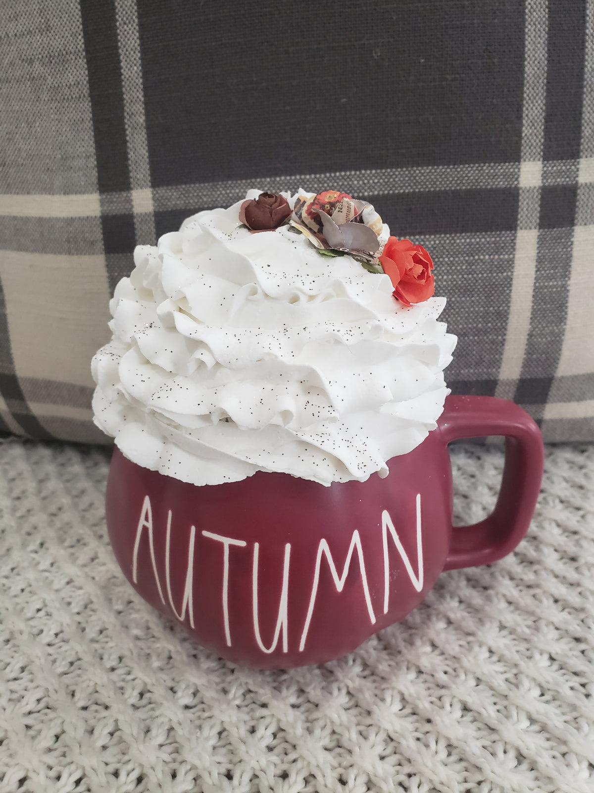Rae Dunn &quot;Autumn&quot; Maroon Pumpkin Mug &amp; Pip Posh Design Faux Sweet Décor White Whipped Topper Fall Collection