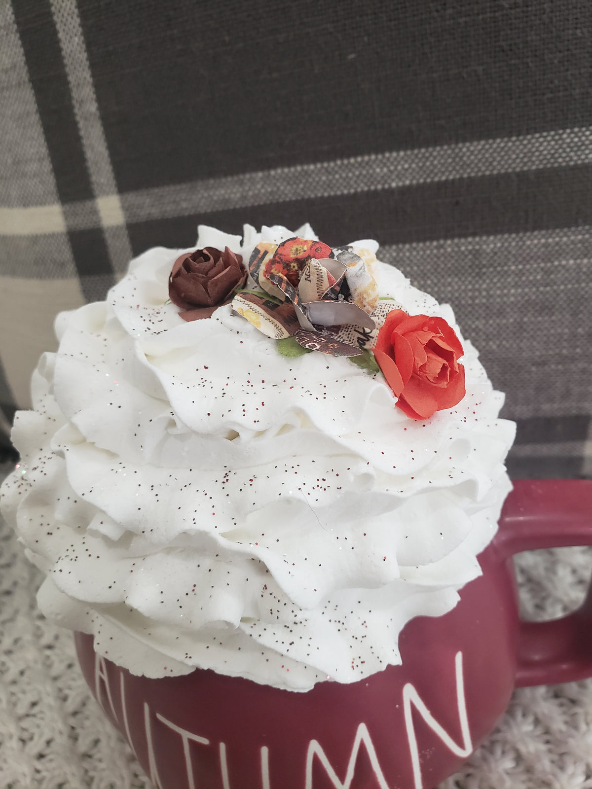 Rae Dunn &quot;Autumn&quot; Maroon Pumpkin Mug &amp; Pip Posh Design Faux Sweet Décor White Whipped Topper Fall Collection