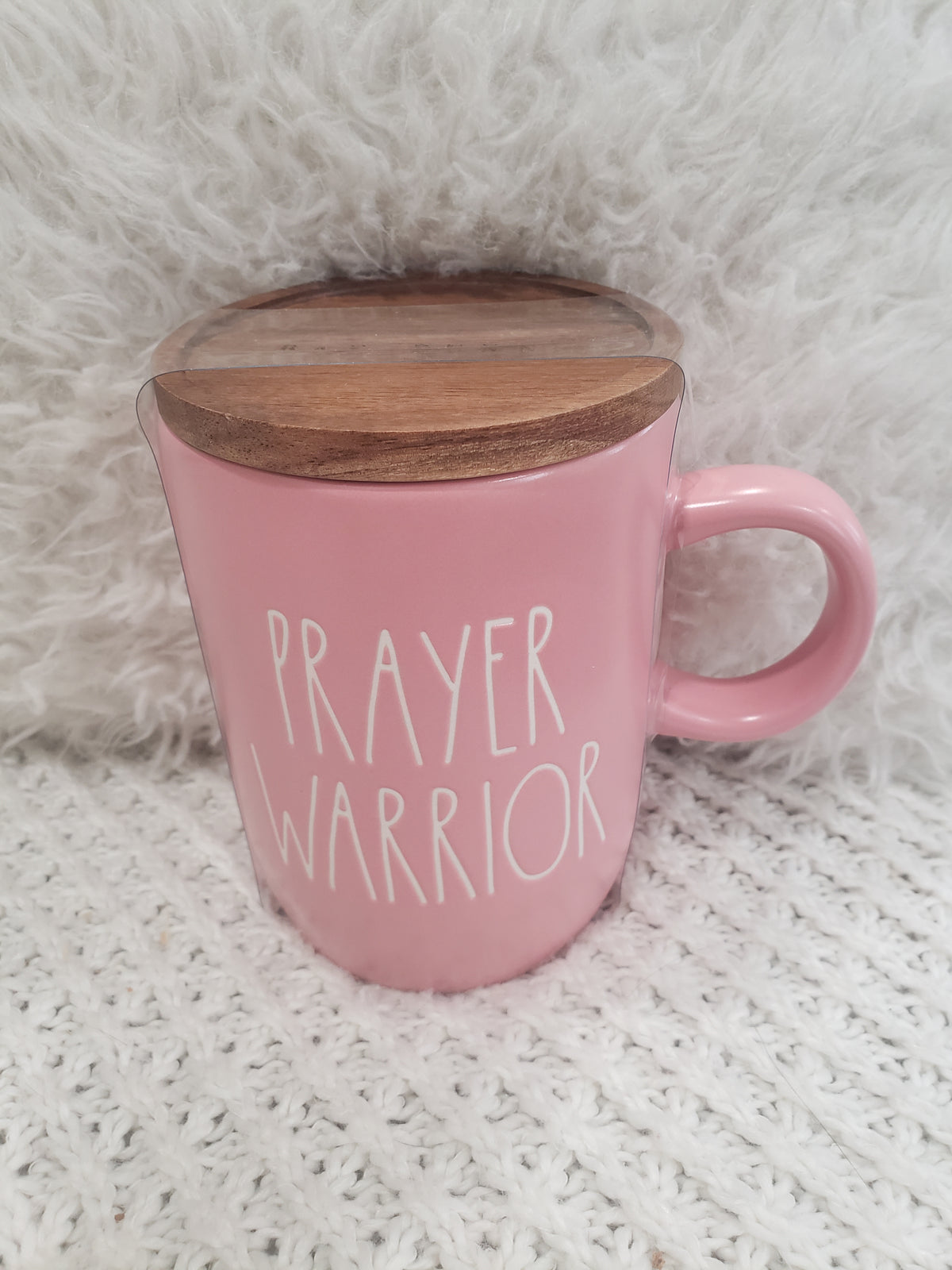 Rae Dunn &quot;Prayer Warrior&quot; Pink Mug &amp; Wooden Lid Warmer Collection