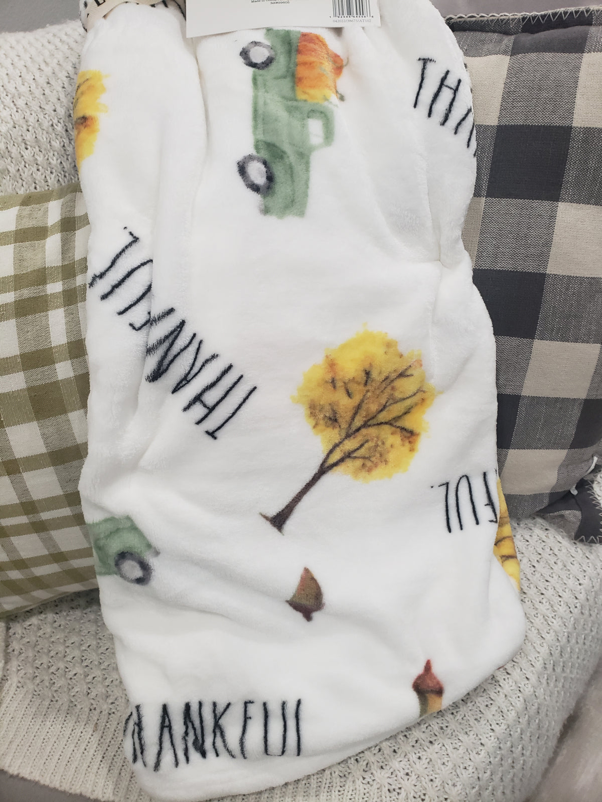 Rae Dunn &quot;Thankful&quot; Green Truck Fall Plush Throw Blanket Collection