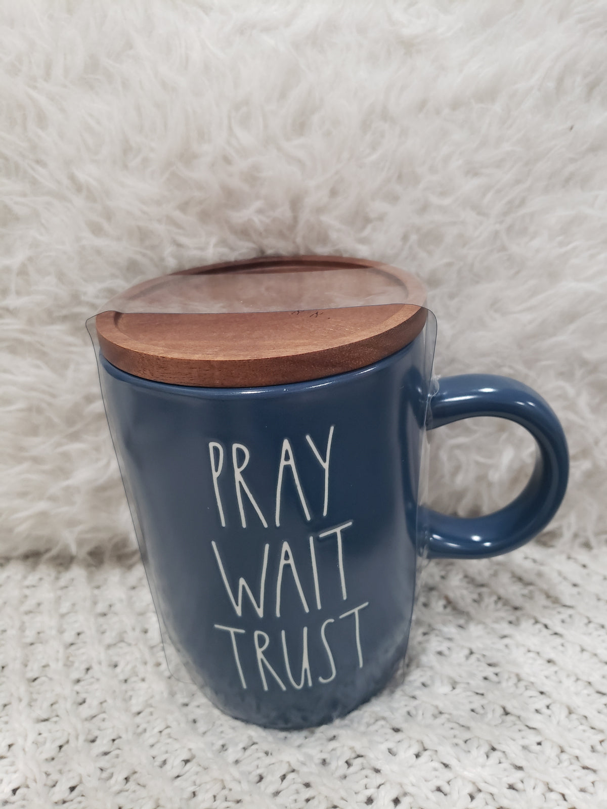 Rae Dunn &quot;Pray Wait Trust&quot; Blue Mug &amp; Wooden Lid Warmer Collection