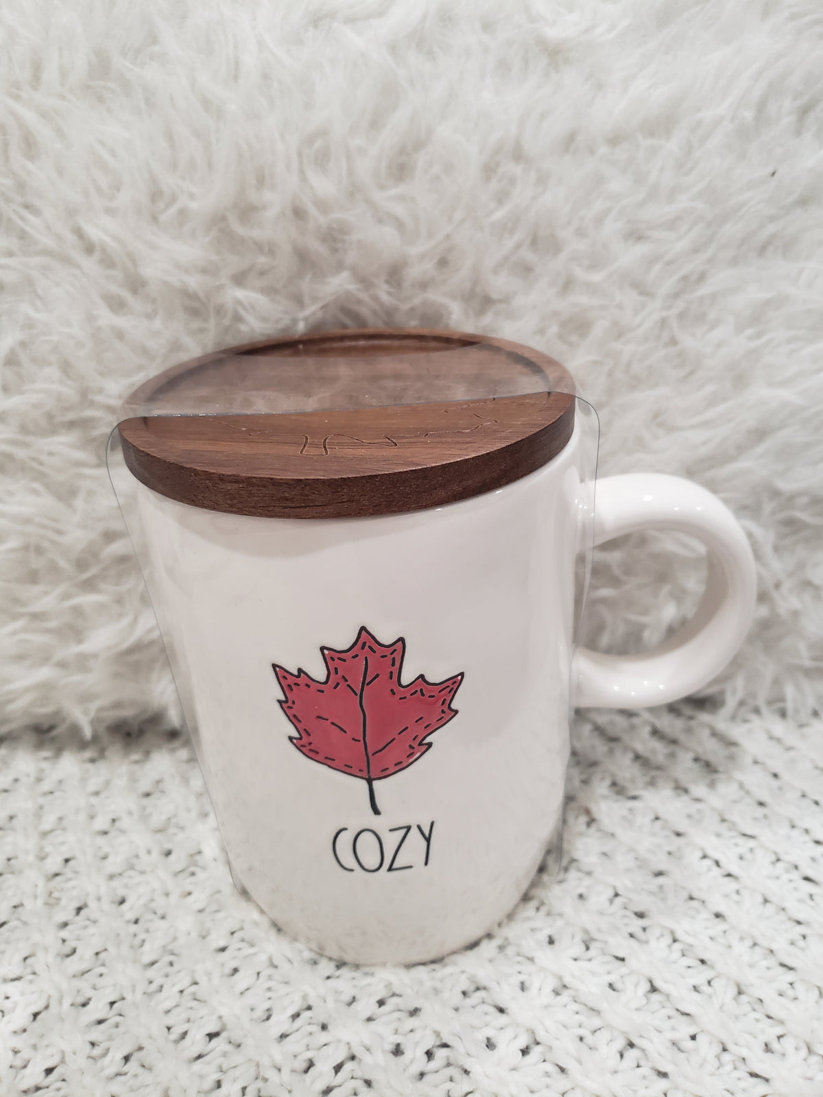 Rae Dunn &quot;Cozy&quot; White Mug With A Fall Leave &amp; Wooden Lid Warmer Collection