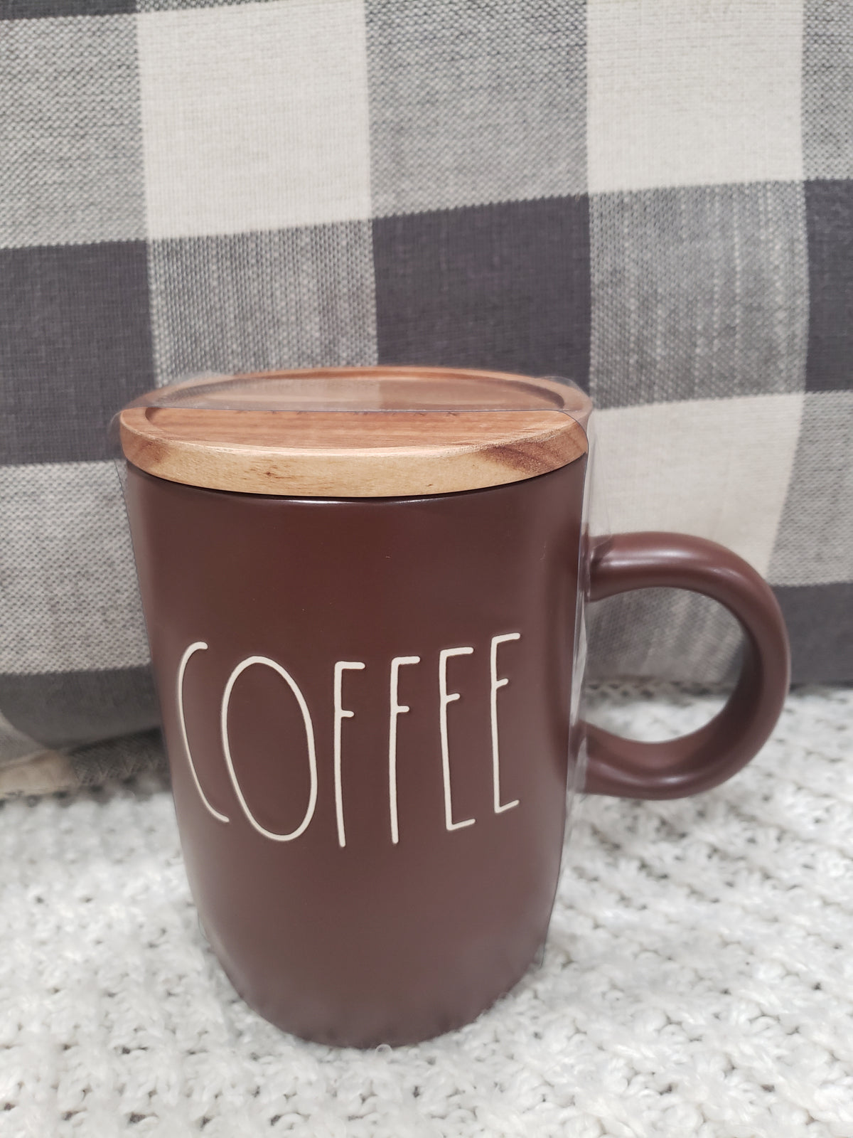 Rae Dunn &quot;Coffee&quot; Brown Mug &amp; Wooden Lid Warmer Collection
