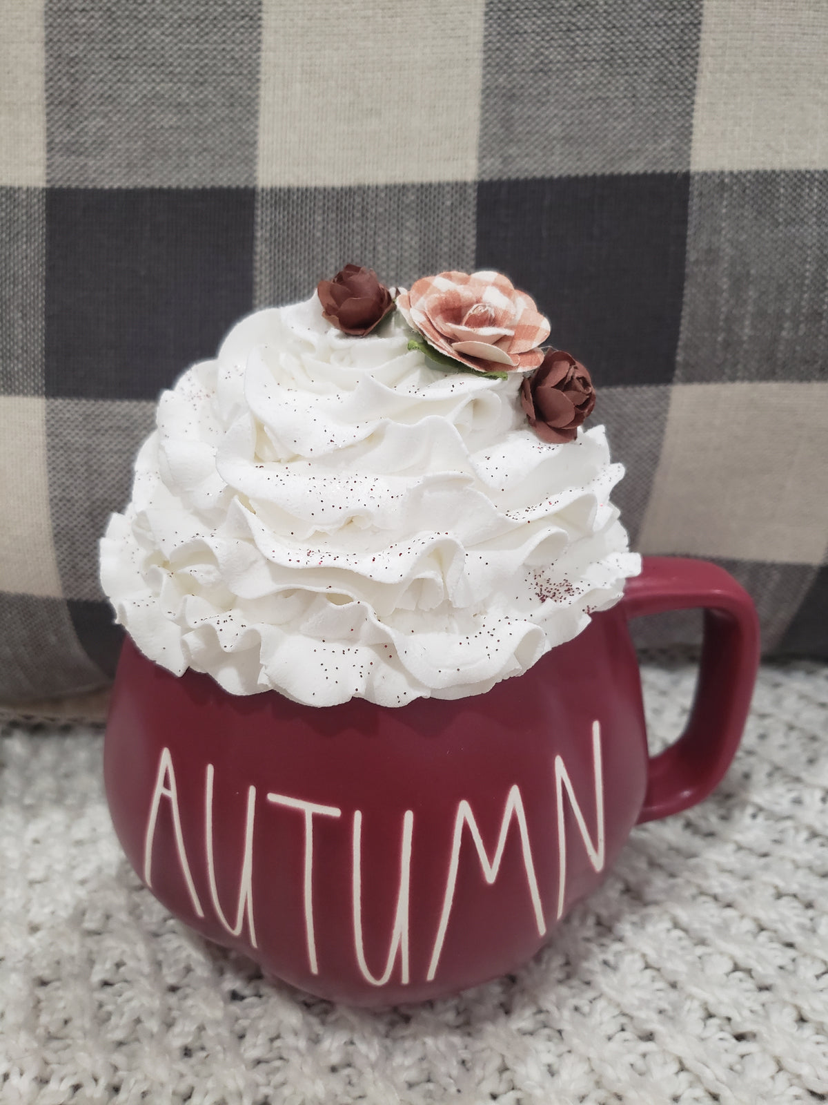 Rae Dunn &quot;Autumn&quot; Maroon Pumpkin Mug &amp; Pip Posh Design Faux Sweet Décor White Whipped Topper