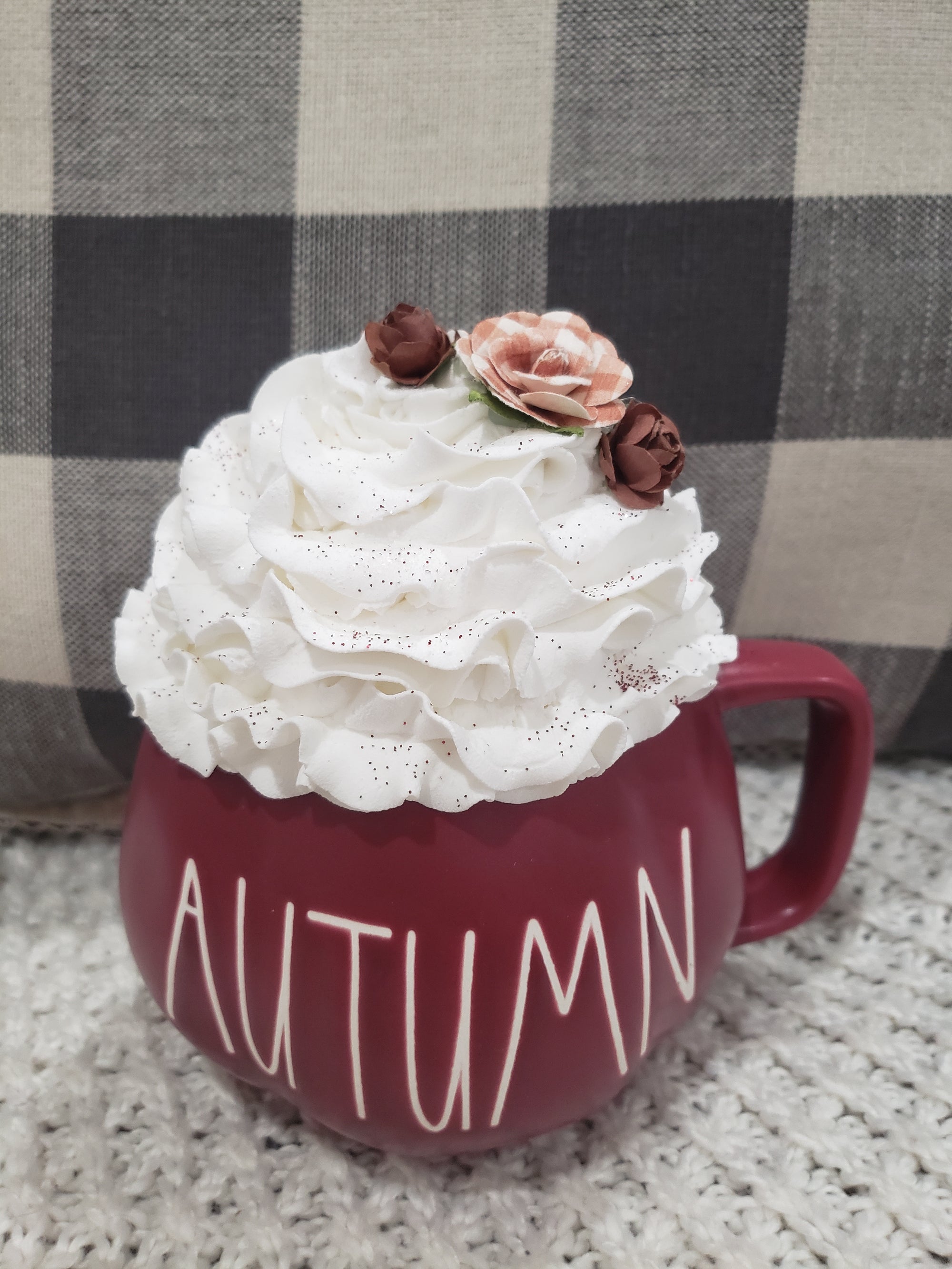 Rae Dunn "Autumn" Maroon Pumpkin Mug & Pip Posh Design Faux Sweet Décor White Whipped Topper