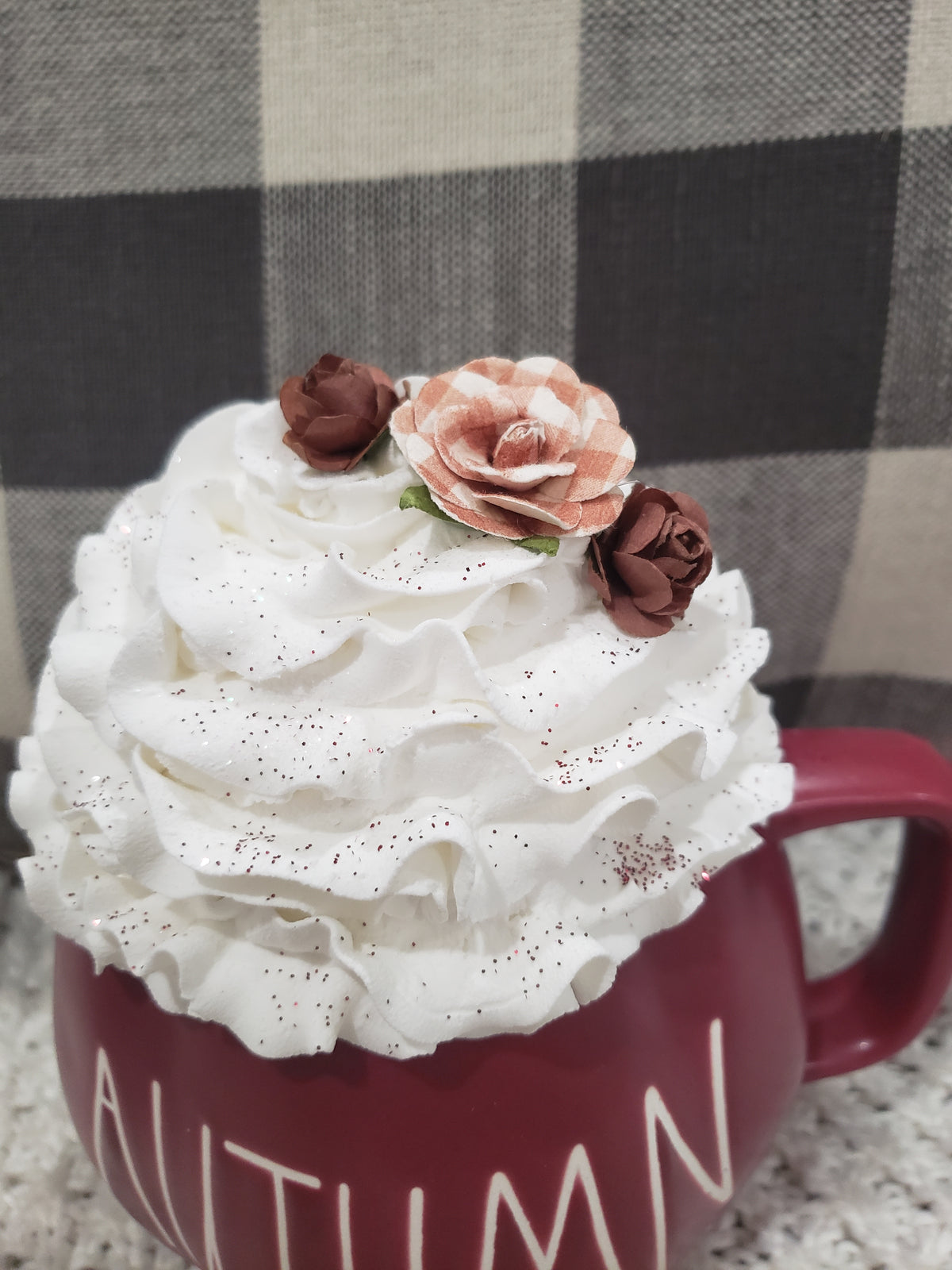Rae Dunn &quot;Autumn&quot; Maroon Pumpkin Mug &amp; Pip Posh Design Faux Sweet Décor White Whipped Topper