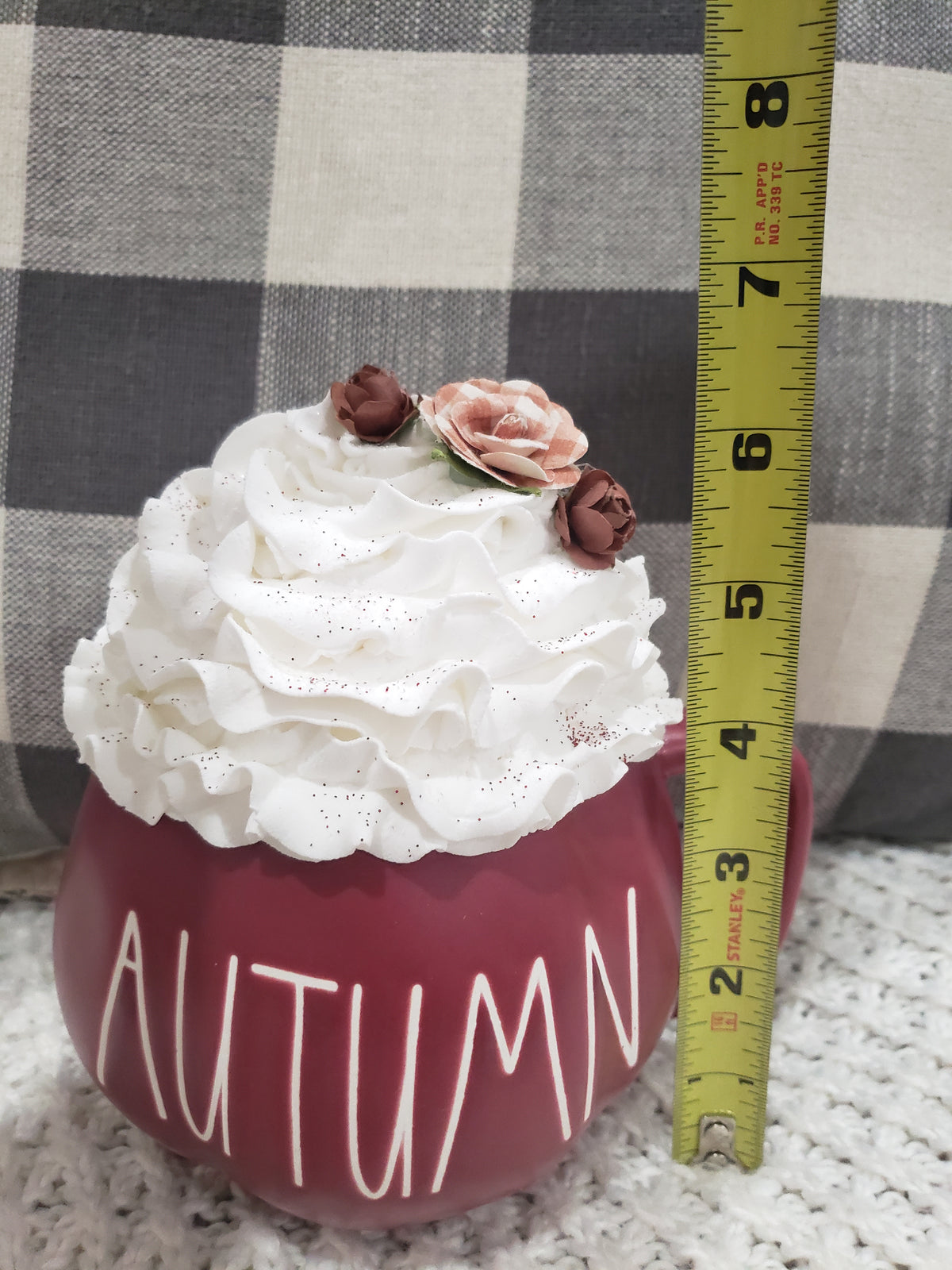 Rae Dunn &quot;Autumn&quot; Maroon Pumpkin Mug &amp; Pip Posh Design Faux Sweet Décor White Whipped Topper