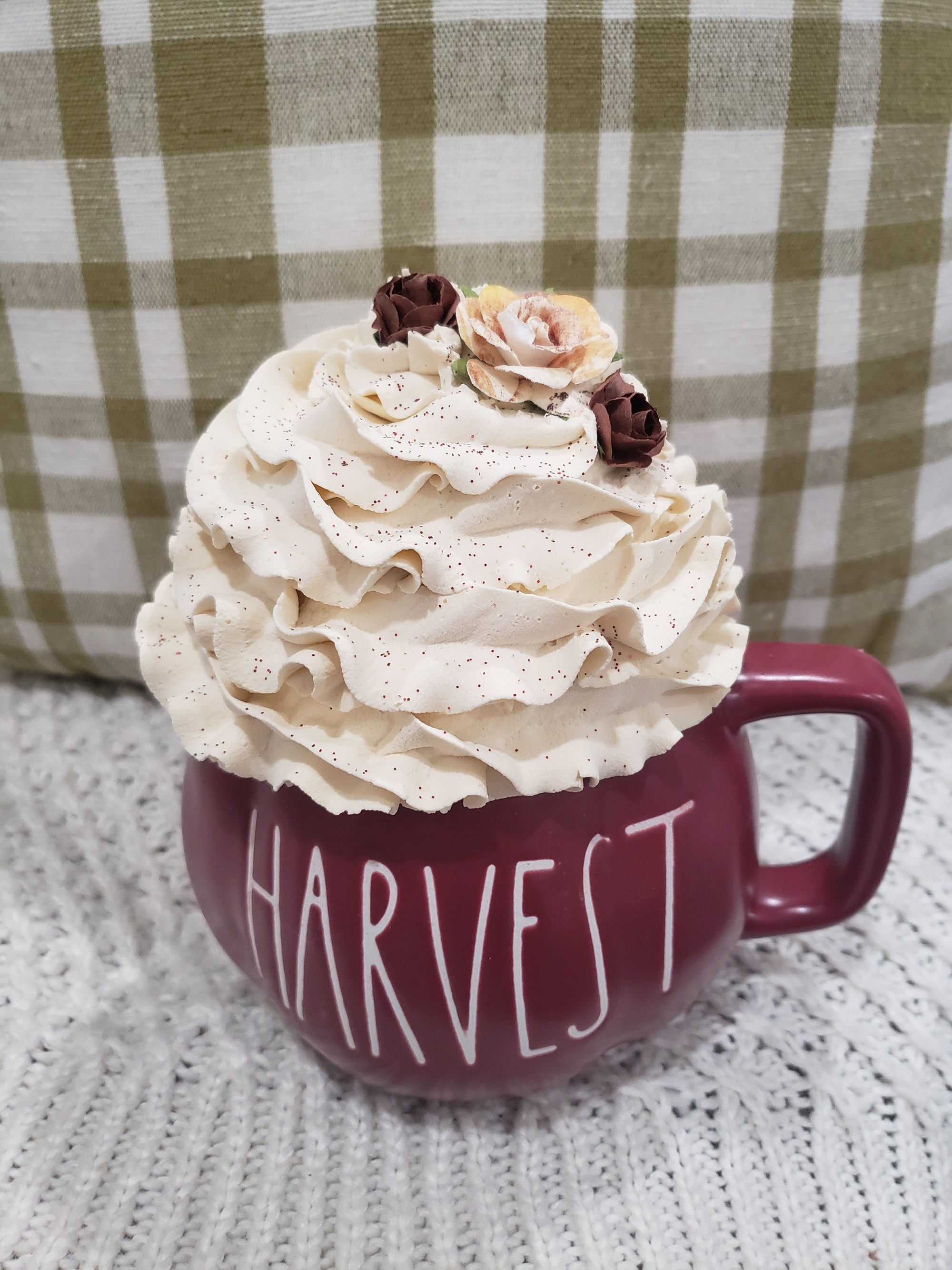 Rae Dunn "Harvest" Maroon Pumpkin Mug & Pip Posh Design Faux Sweet Décor Ivory Whipped Topper