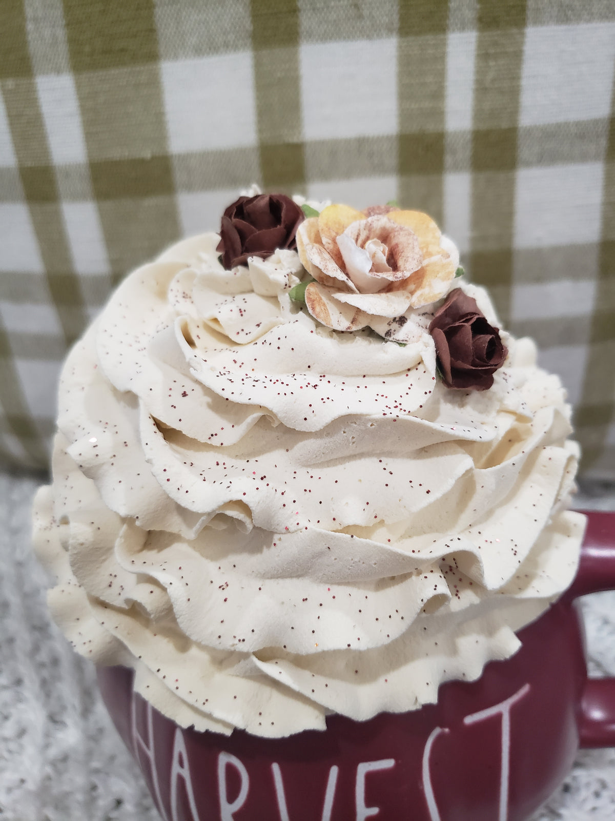 Rae Dunn &quot;Harvest&quot; Maroon Pumpkin Mug &amp; Pip Posh Design Faux Sweet Décor Ivory Whipped Topper