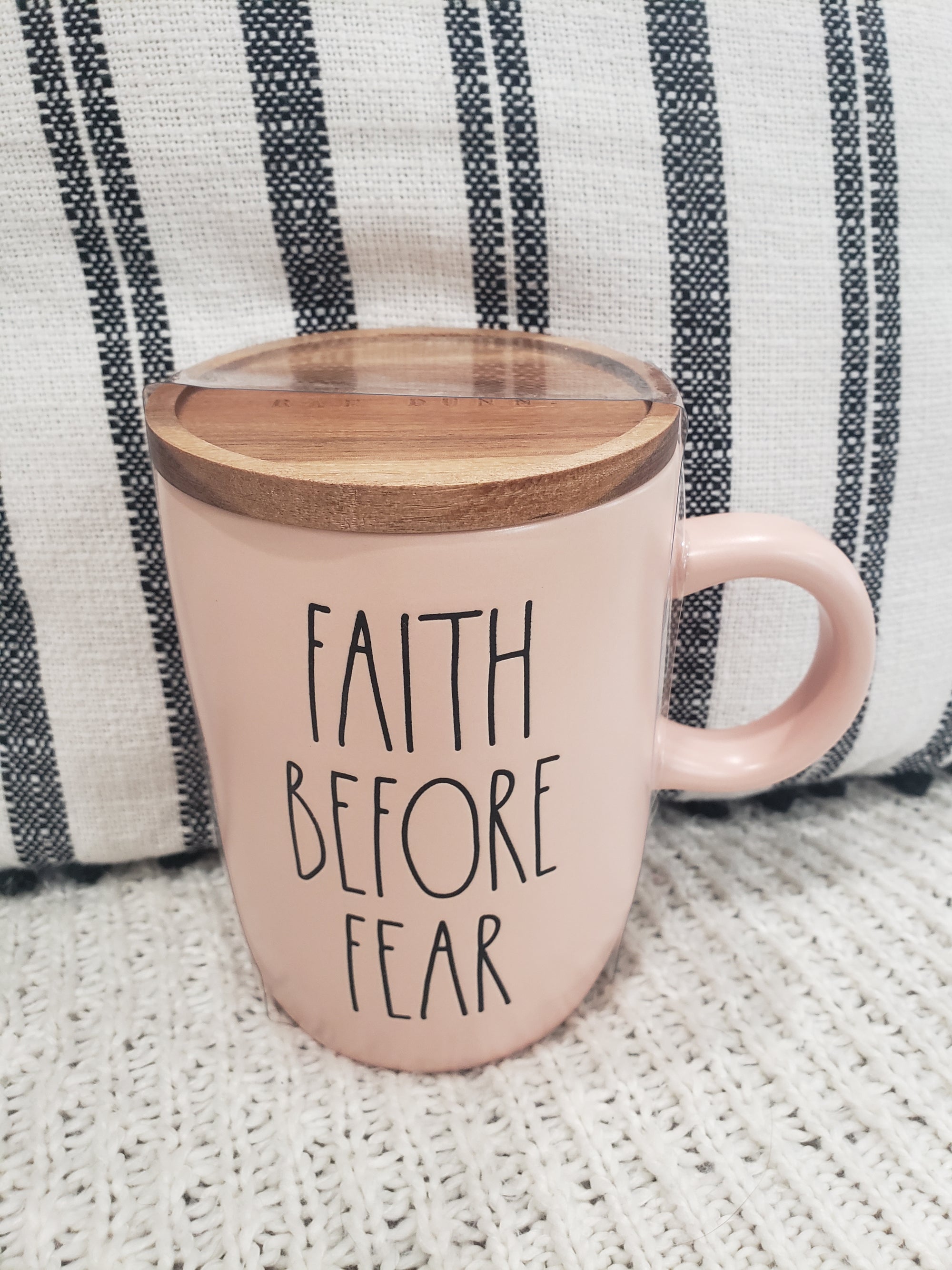 Rae Dunn "Faith Before Fear" Peachy Pink Mug & Wooden Lid Warmer Collection