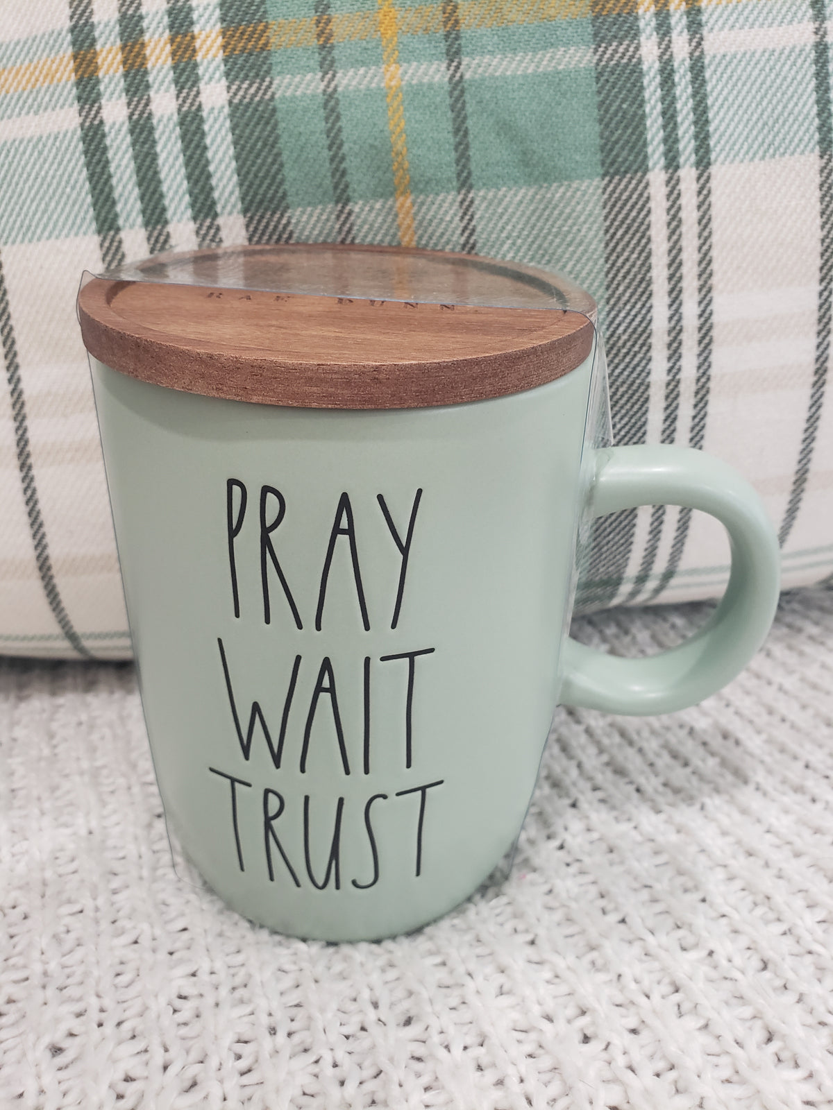 Rae Dunn &quot;Pray Wait Trust&quot; Green Mug &amp; Wooden Lid Collection