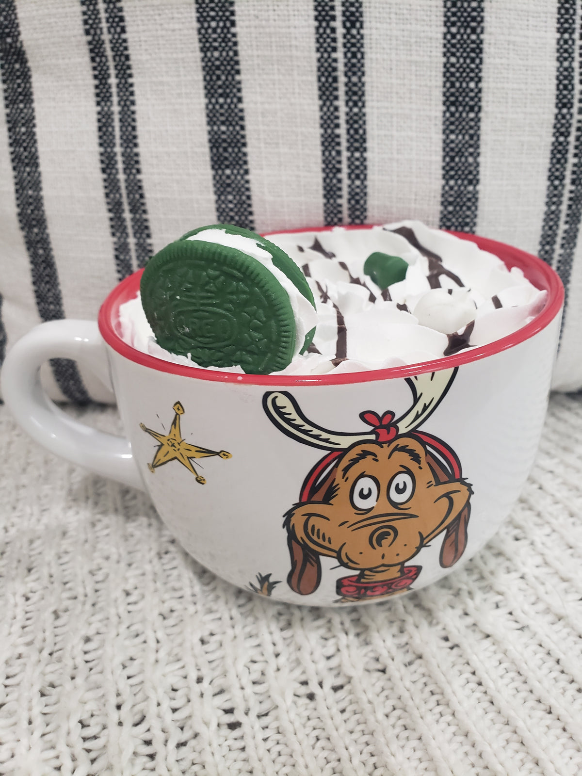 Pip Posh Design Faux Sweet Décor &quot;Grinch&quot; Holiday Mug &amp; Hot Chocolate Whipped Topper