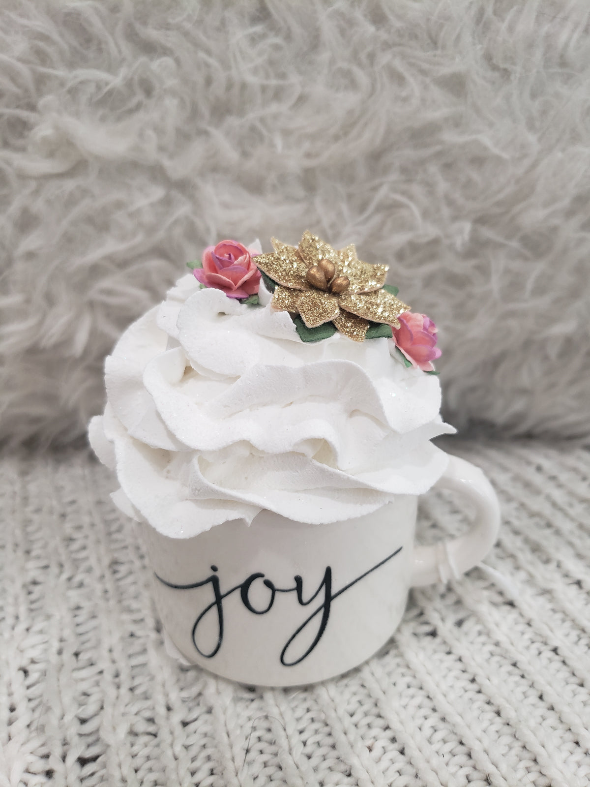 Pip Posh Design Faux Sweet Décor &quot;Joy&quot; Mini Mug &amp; White Golden Flower Whipped Topper Holiday Collection