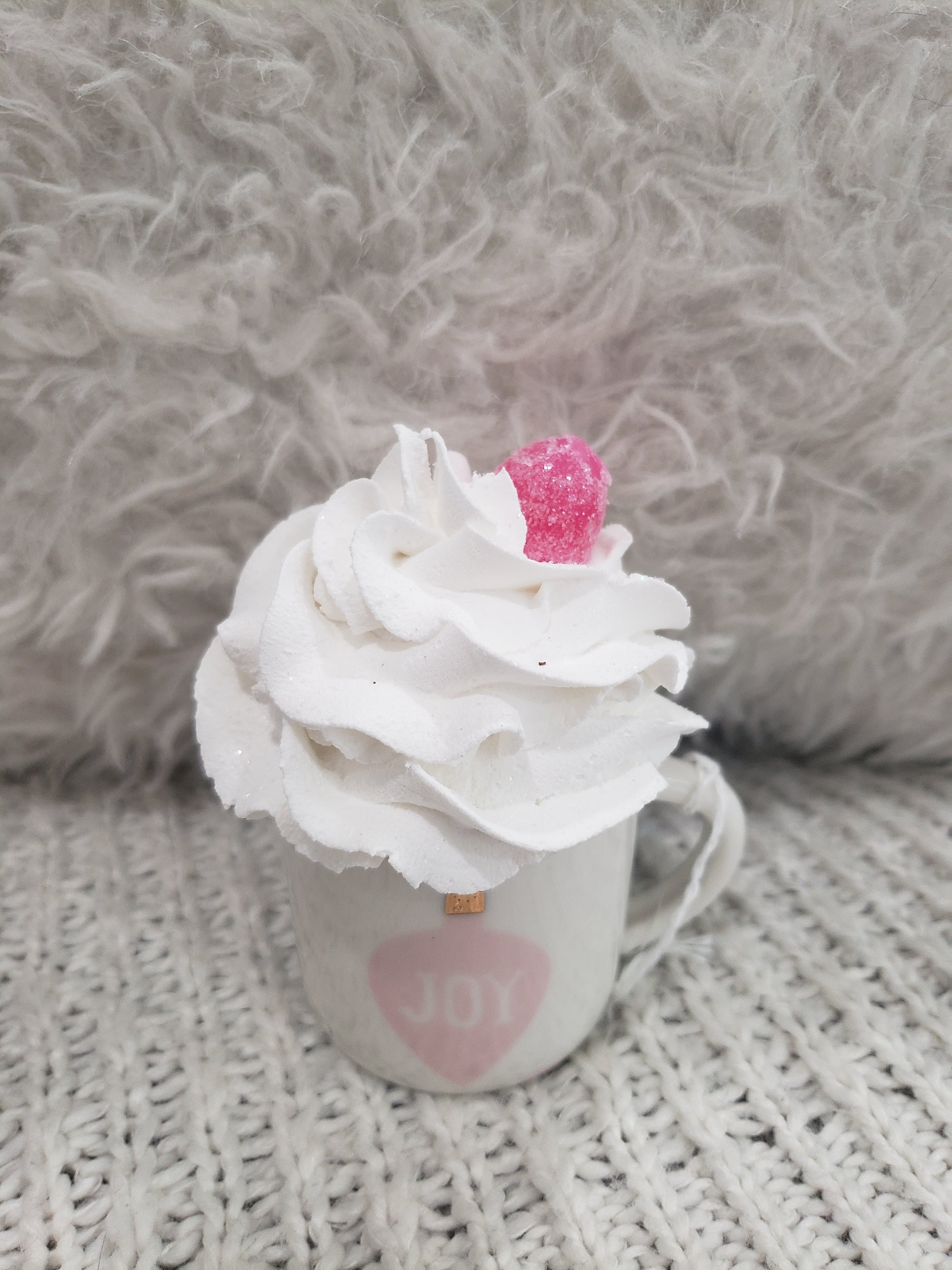 Pip Posh Design Faux Sweet Décor "Joy" Mini Mug & White Whipped Gumdrop Topper Holiday Collection