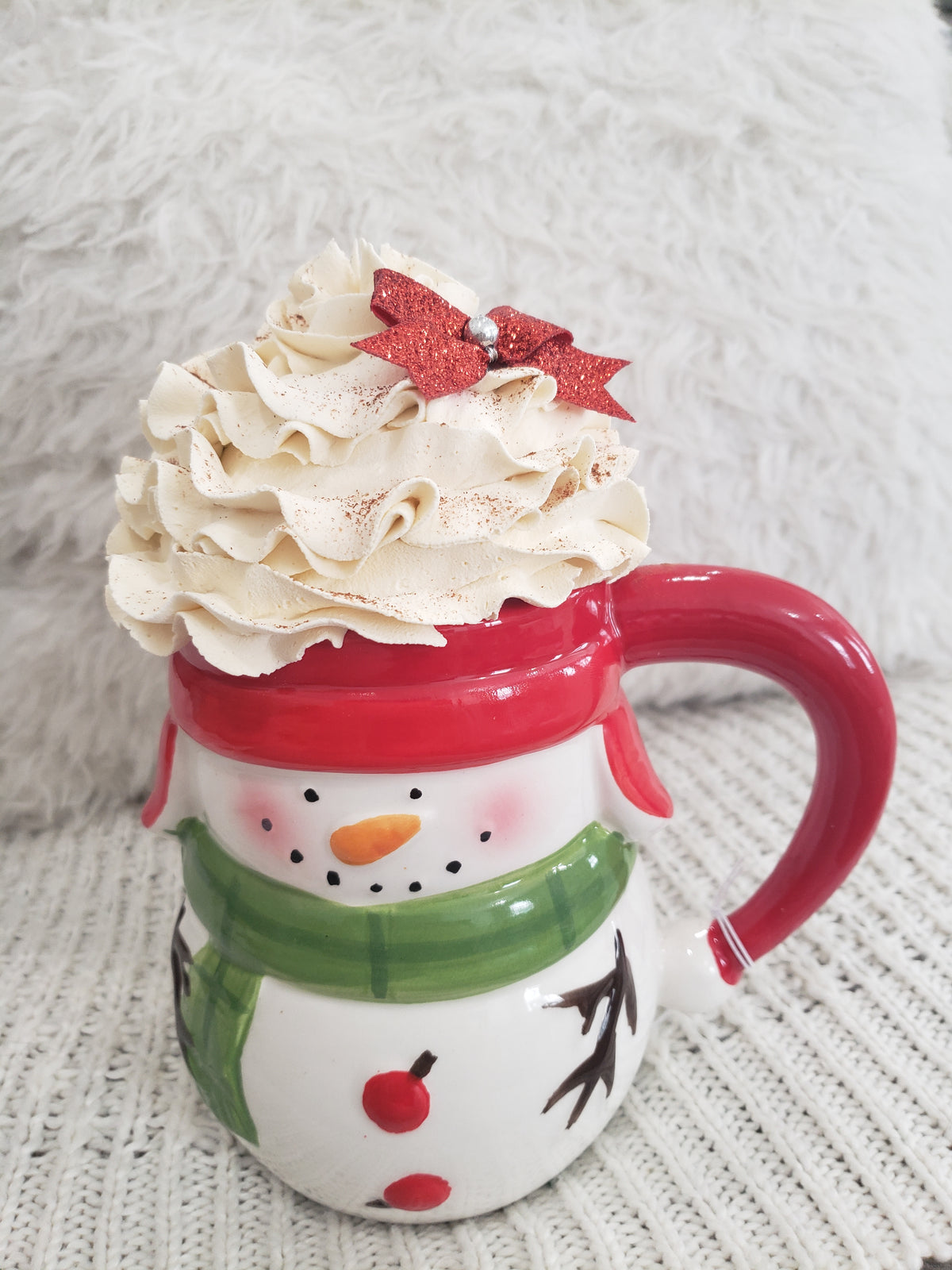Pip Posh Design Faux Sweet Décor Snowman Mug &amp; Ivory Red Bow Whipped Topper Holiday Collection