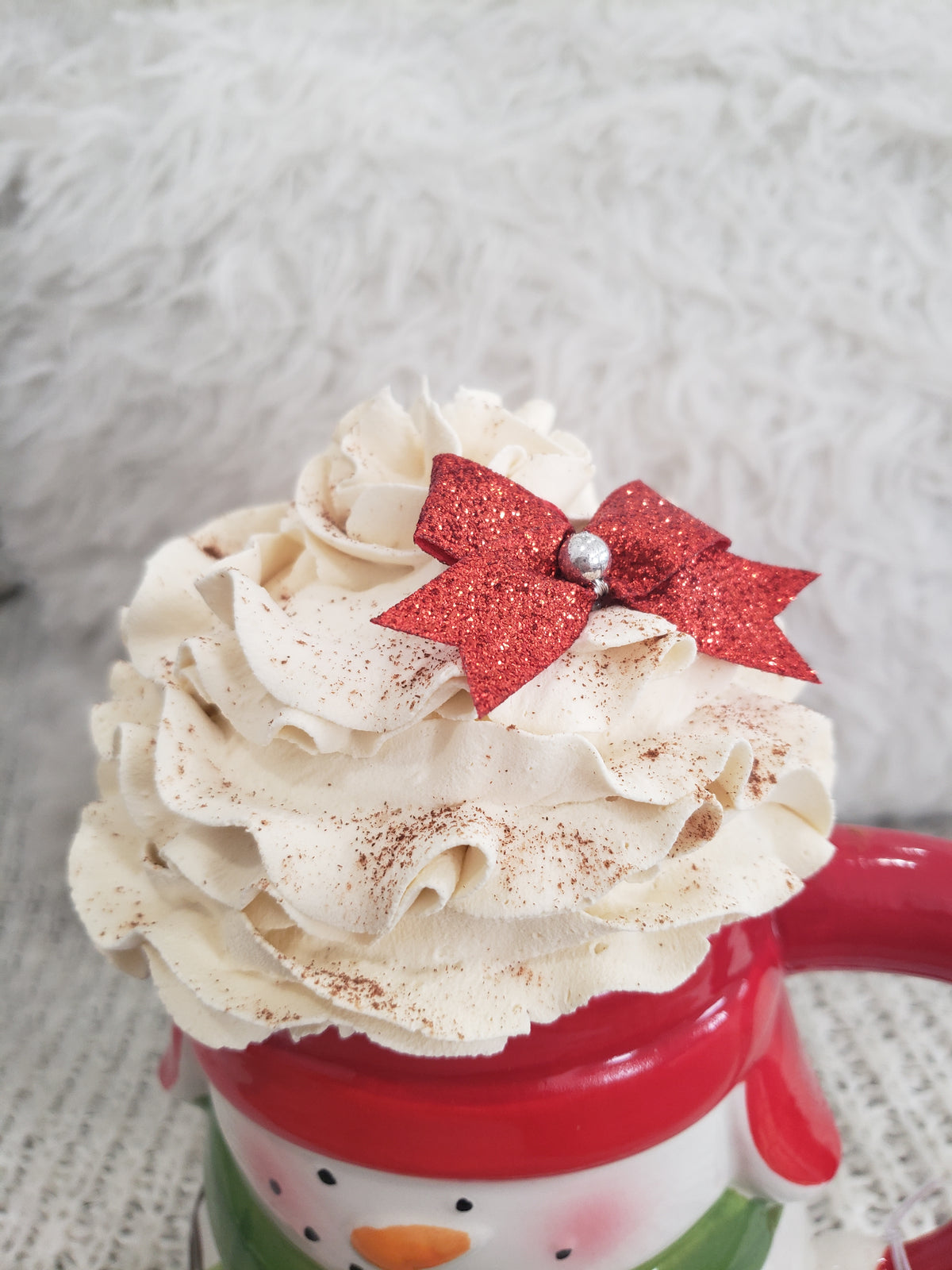 Pip Posh Design Faux Sweet Décor Snowman Mug &amp; Ivory Red Bow Whipped Topper Holiday Collection