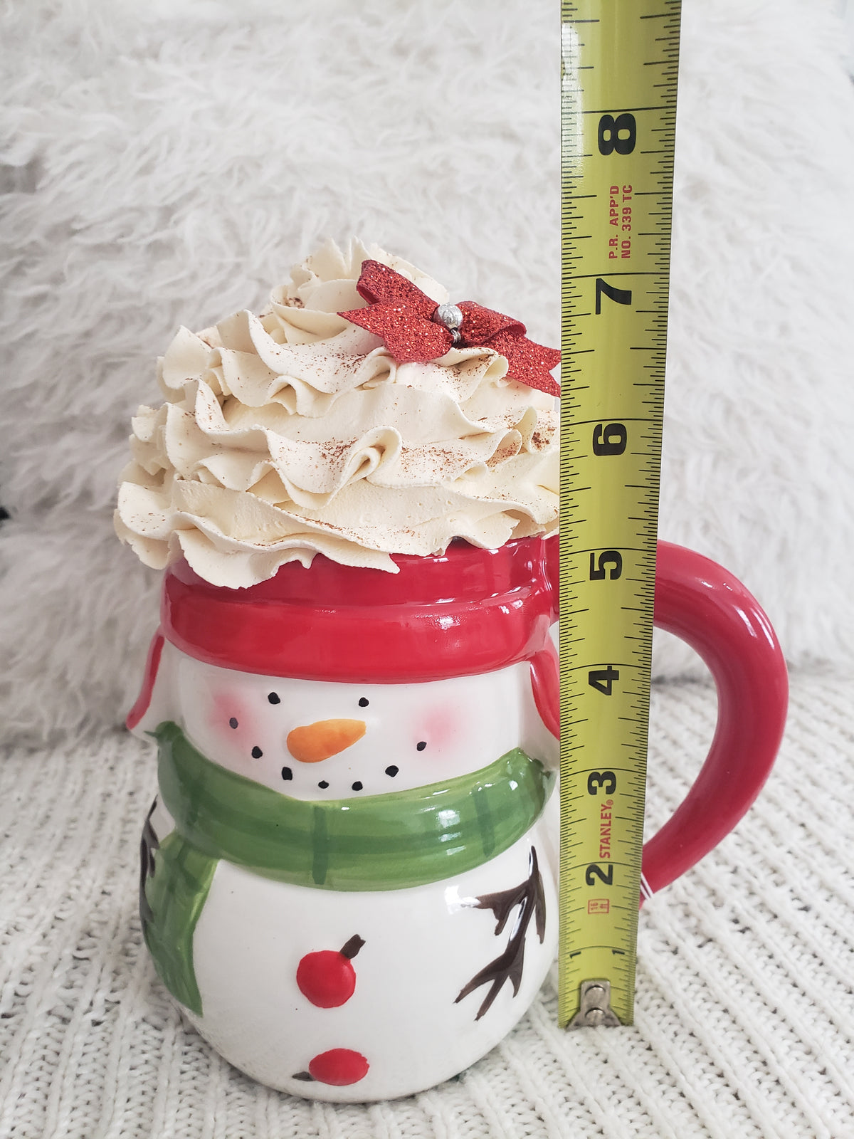 Pip Posh Design Faux Sweet Décor Snowman Mug &amp; Ivory Red Bow Whipped Topper Holiday Collection
