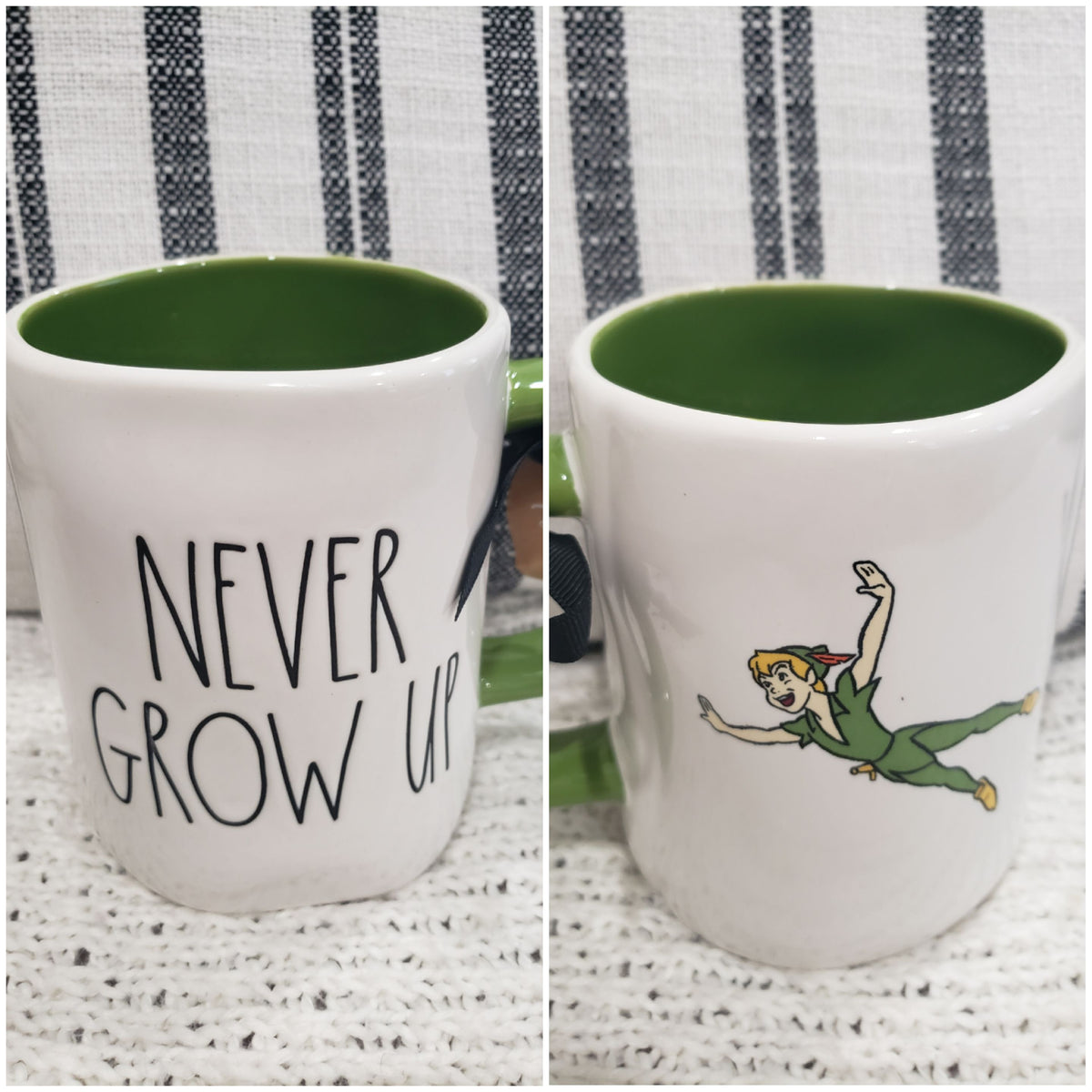 Rae Dunn &quot;Never Grow Up&quot; Peter Pan Double Sided Mug Disney&#39;s Peter Pan Collection