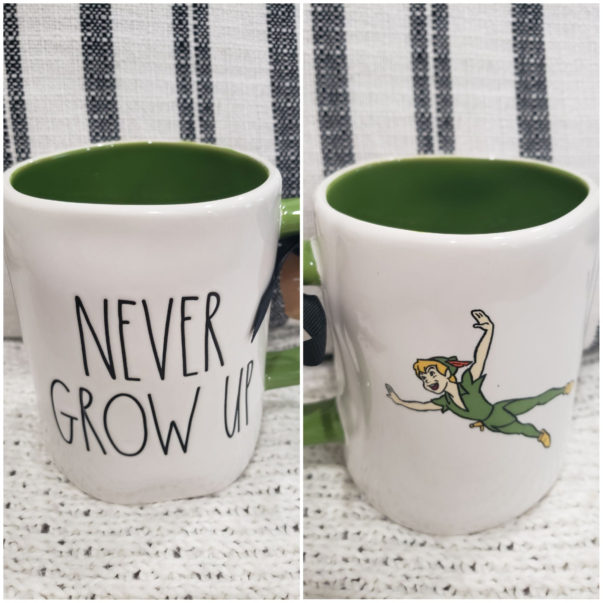 Rae Dunn "Never Grow Up" Peter Pan Double Sided Mug Disney's Peter Pan Collection