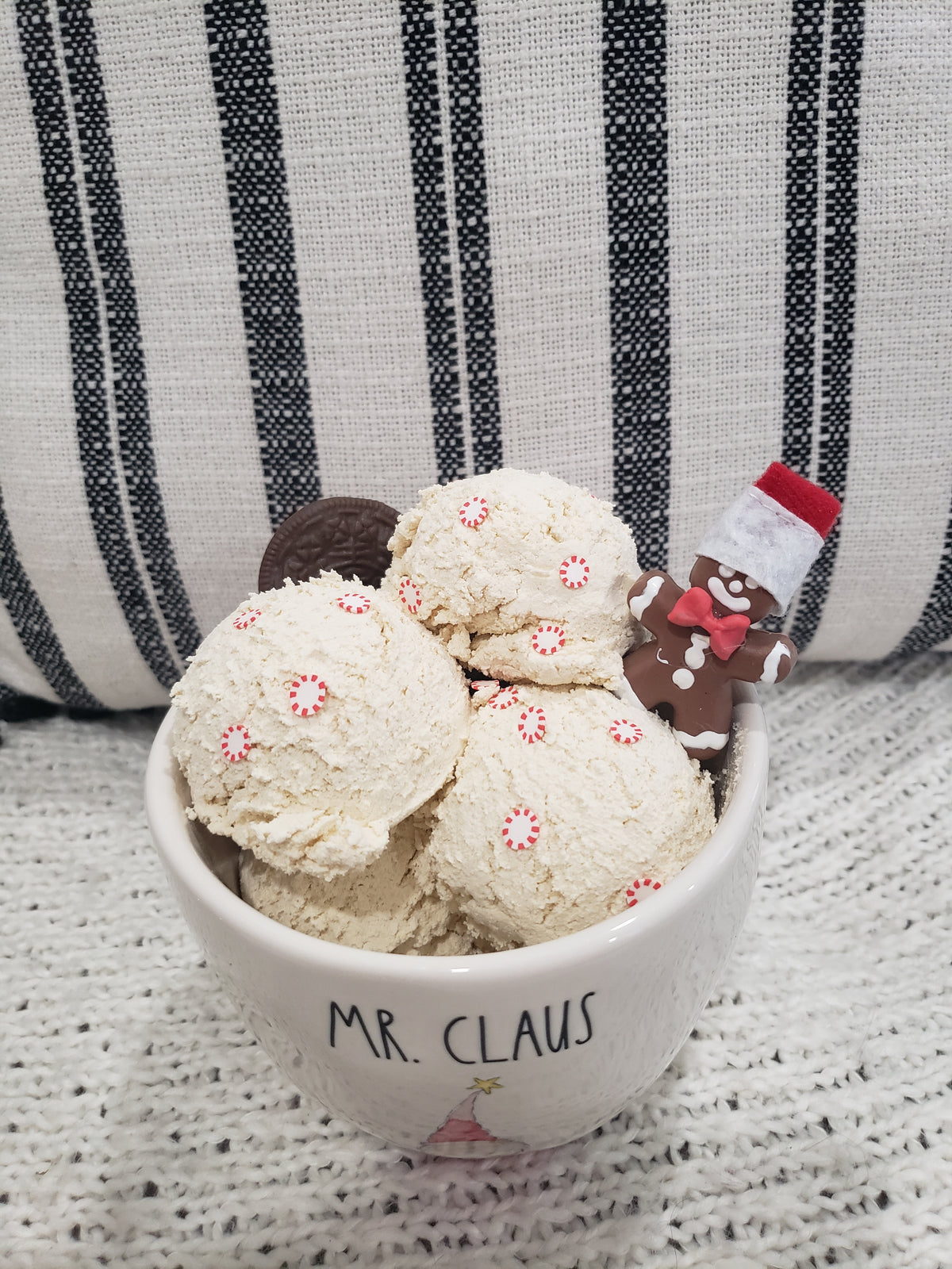 Rae Dunn &quot;Mr. Claus&quot; Bowl &amp; Pip Posh Design Faux Sweet Décor Peppermint Vanilla Ice Cream Dessert Holiday Collection