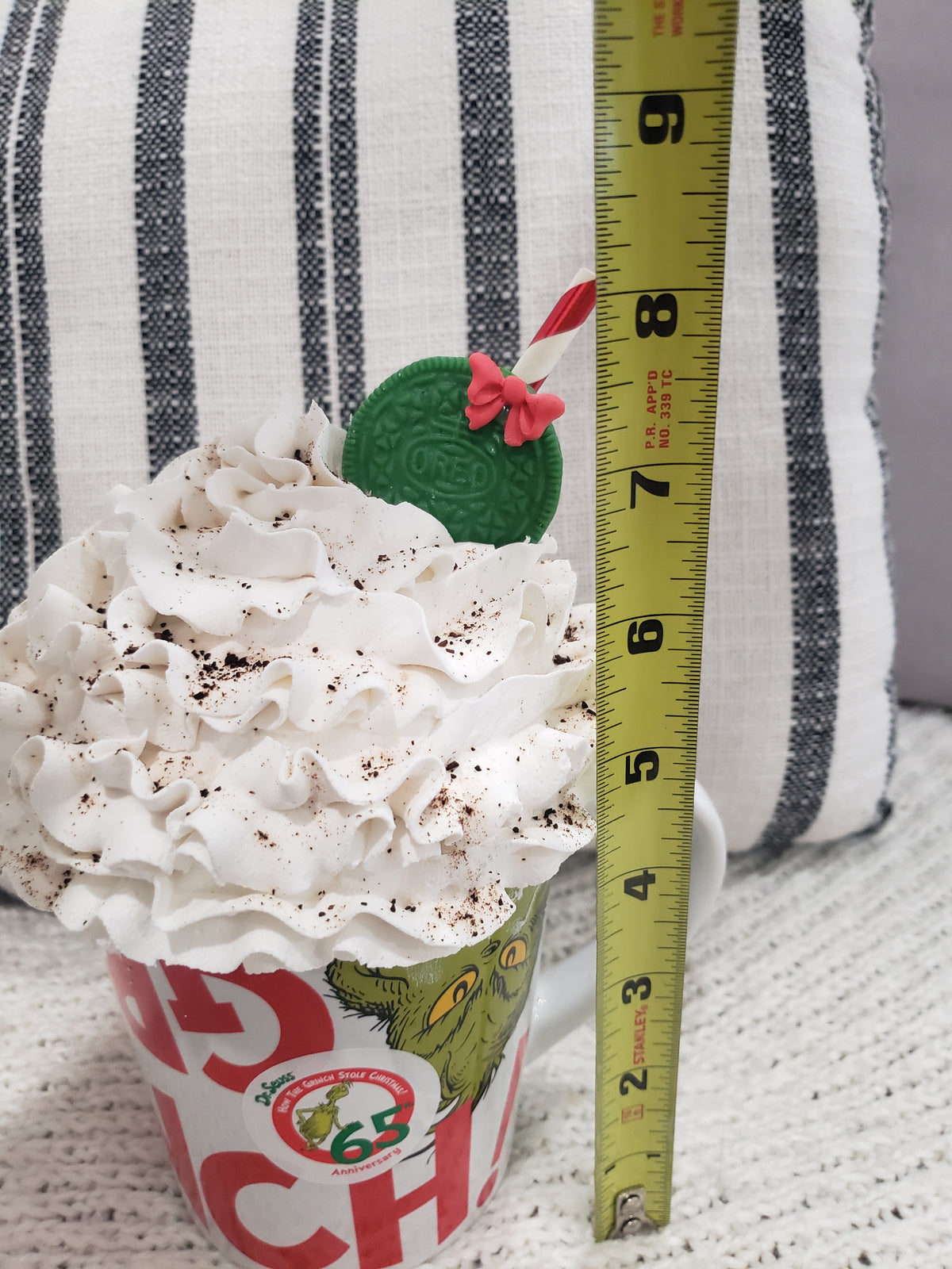 Pip Posh Design Faux Sweet Décor &quot;Grinch&quot; Mug &amp; White Whipped Green Oreo Cookie Topper Holiday Collection