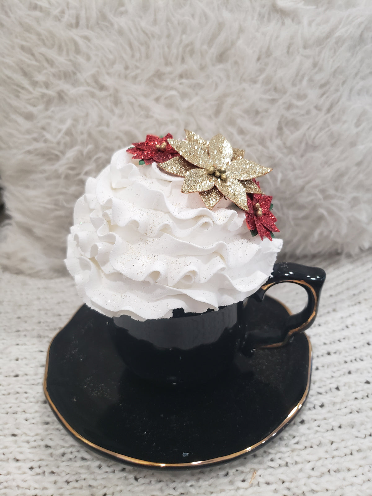 Pip Posh Design Faux Sweet Décor Black Tea Cup &amp; White Whipped Topper Holiday Collection