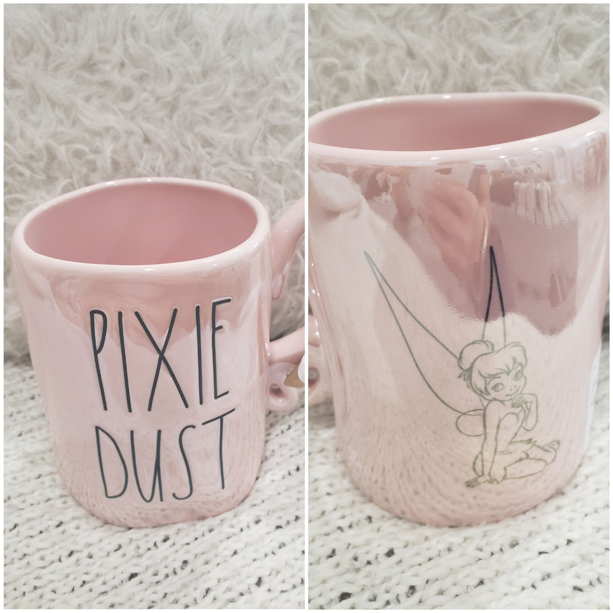 Rae Dunn &quot;Pixie Dust&quot; Pink Iridescent Tinker Bell Double Sided Mug Disney&#39;s Peter Pan Collection
