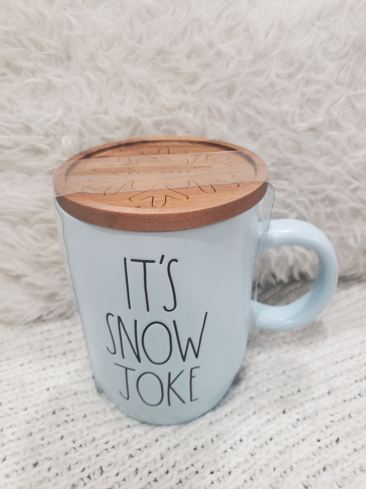 Rae Dunn &quot;It&#39;s Snow Joke&quot; Powder Blue Mug &amp; Wooden Lid Warmer Holiday Collection