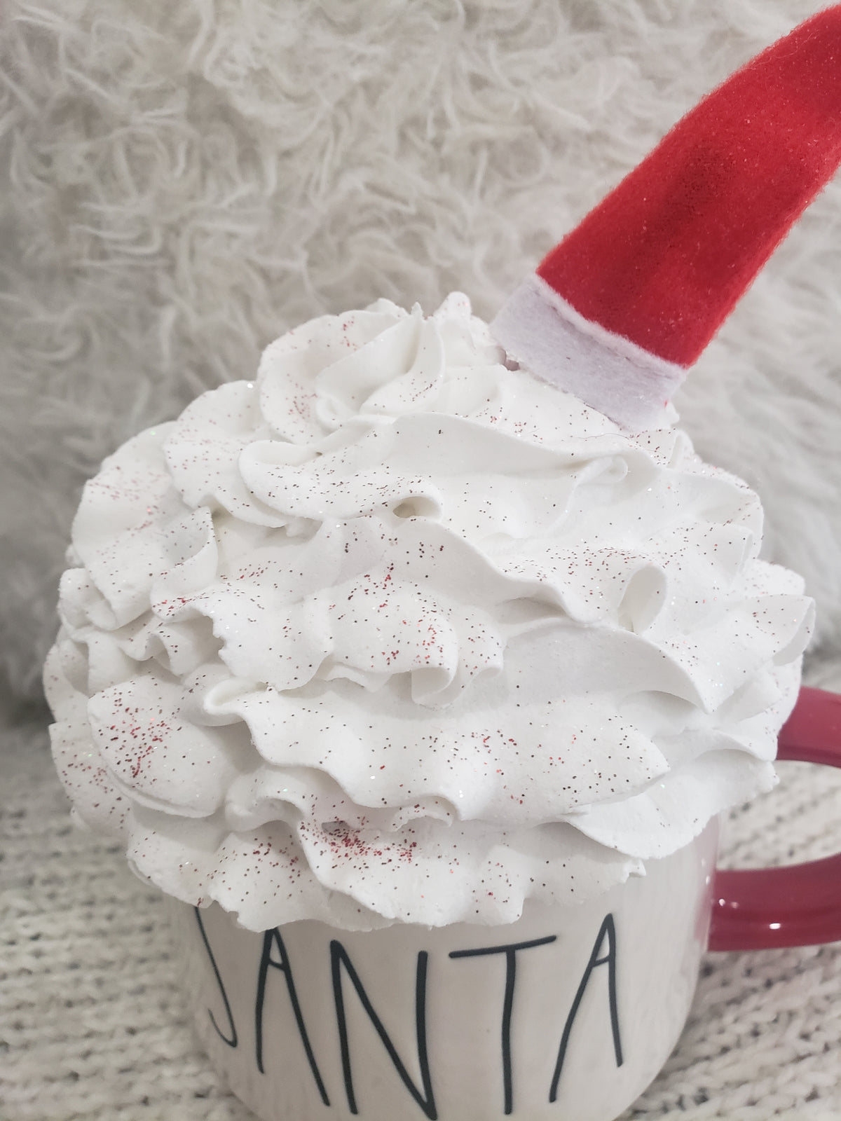 Rae Dunn &quot;Santa&quot; Double Sided Mug &amp; Pip Posh Faux Décor White Whipped Santa Hat Topper Holiday Collection