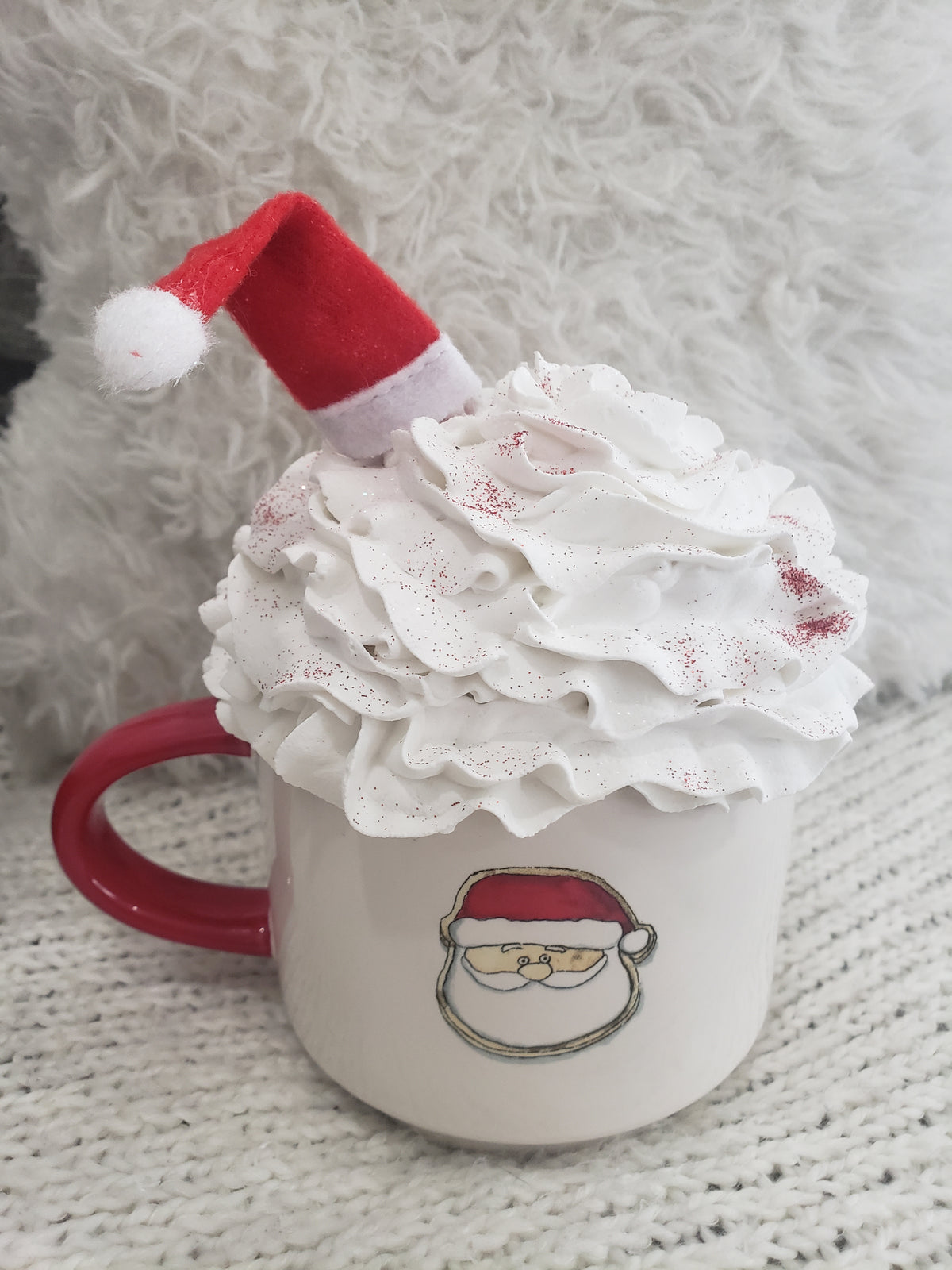 Rae Dunn &quot;Santa&quot; Double Sided Mug &amp; Pip Posh Faux Décor White Whipped Santa Hat Topper Holiday Collection
